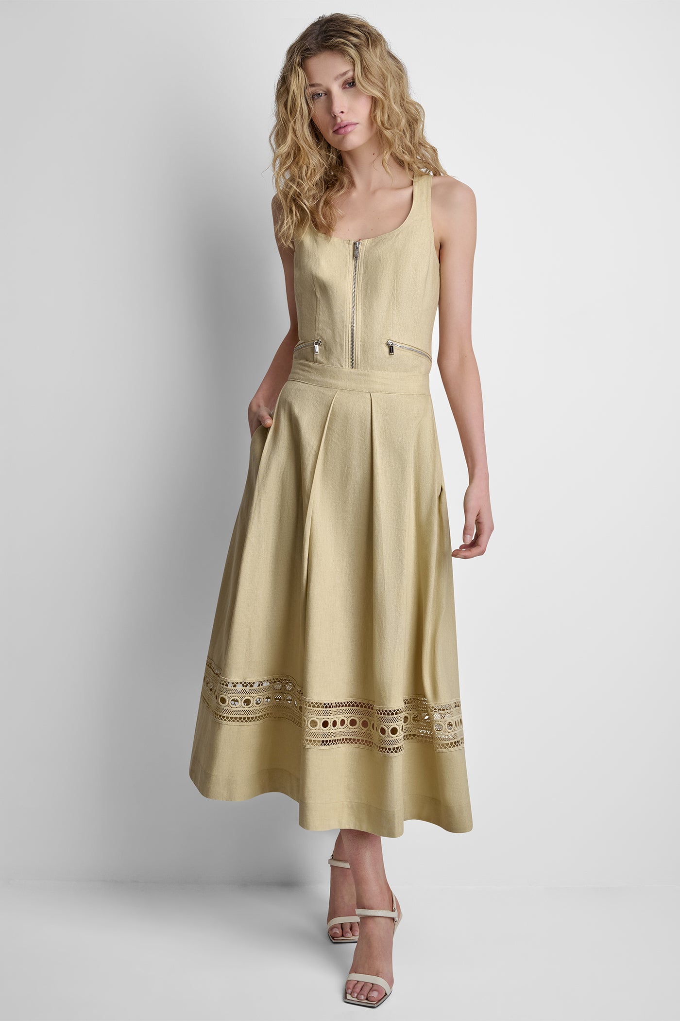 Mojave Desert LINEN-BLEND LOOP LACE-TRIMMED PLEATED MIDI SKIRT, VIEW 1 | New Arrivals