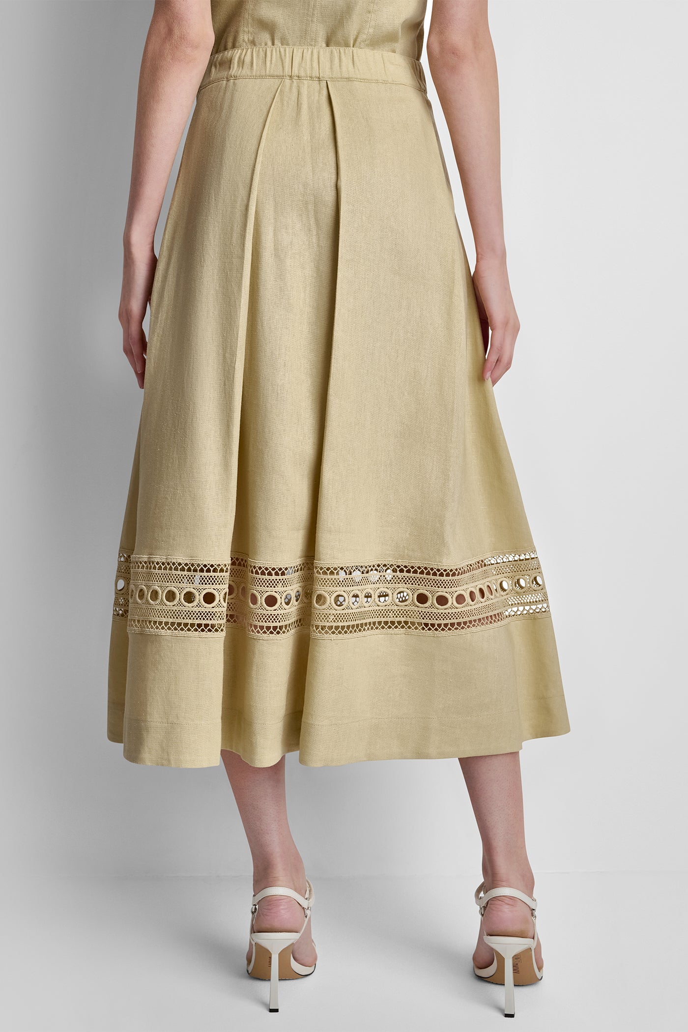 LINEN-BLEND LOOP LACE-TRIMMED PLEATED MIDI SKIRT VIEW 3 | New Arrivals
