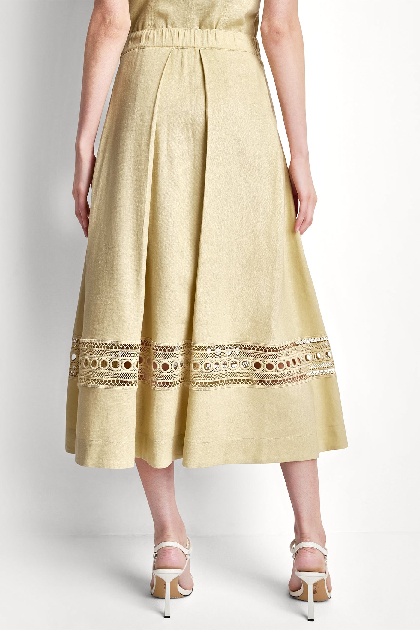 LINEN-BLEND LOOP LACE-TRIMMED PLEATED MIDI SKIRT VIEW 3