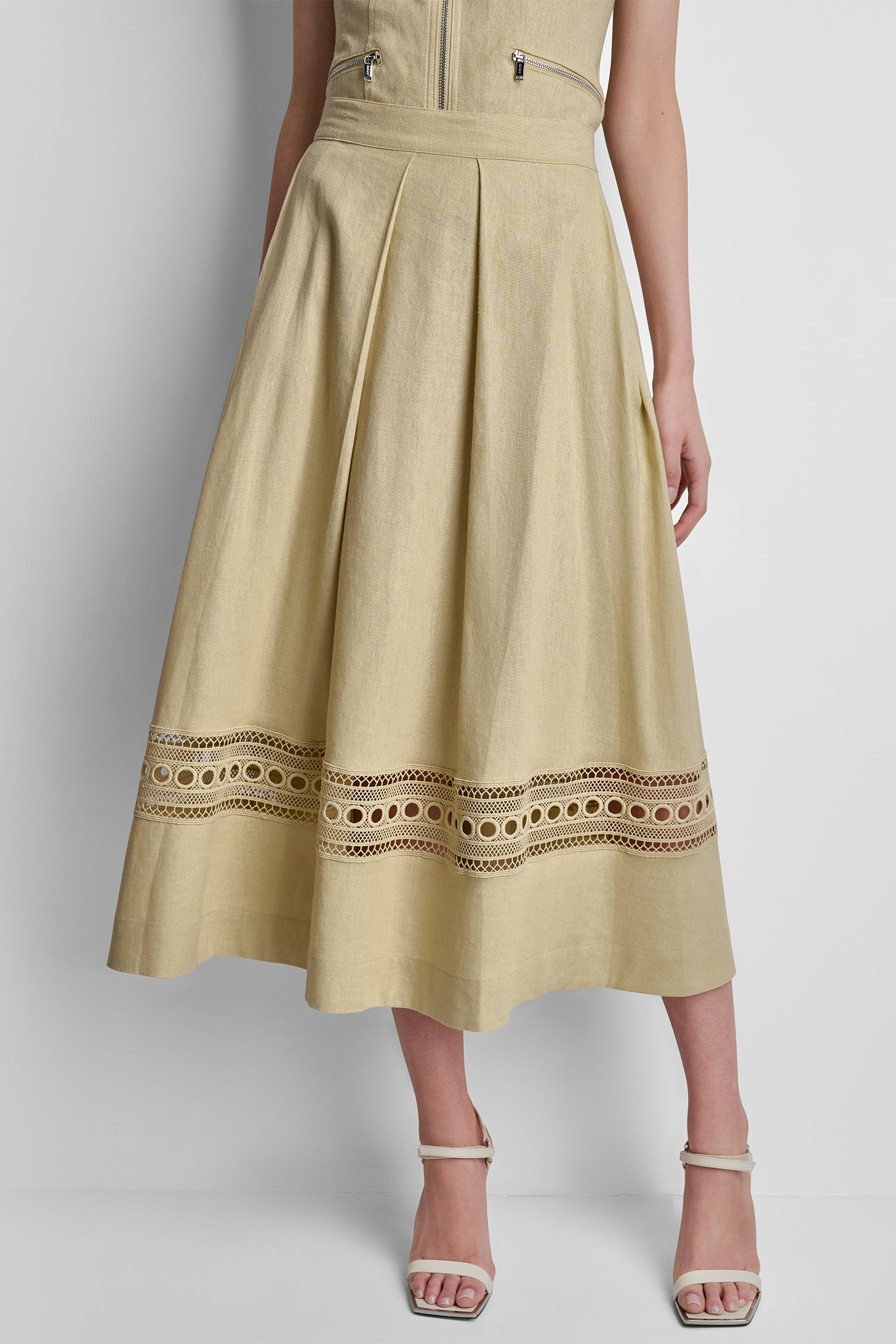 Mojave Desert LINEN-BLEND LOOP LACE-TRIMMED PLEATED MIDI SKIRT, VIEW 2 | New Arrivals