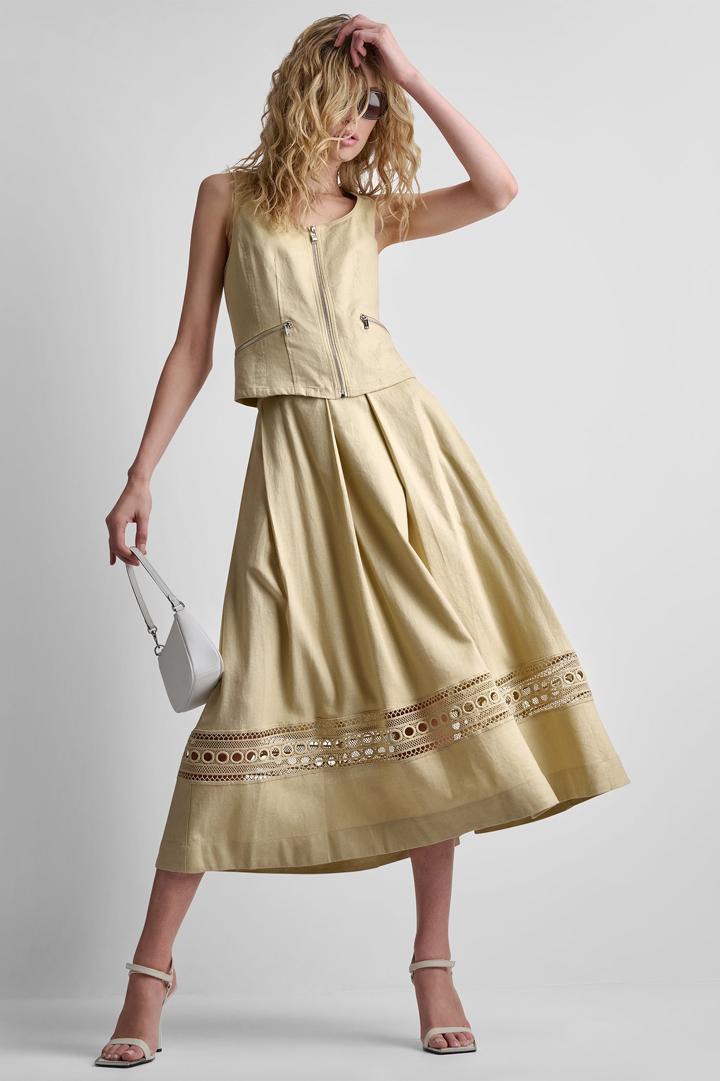 LINEN-BLEND LOOP LACE-TRIMMED PLEATED MIDI SKIRT VIEW 6 | New Arrivals