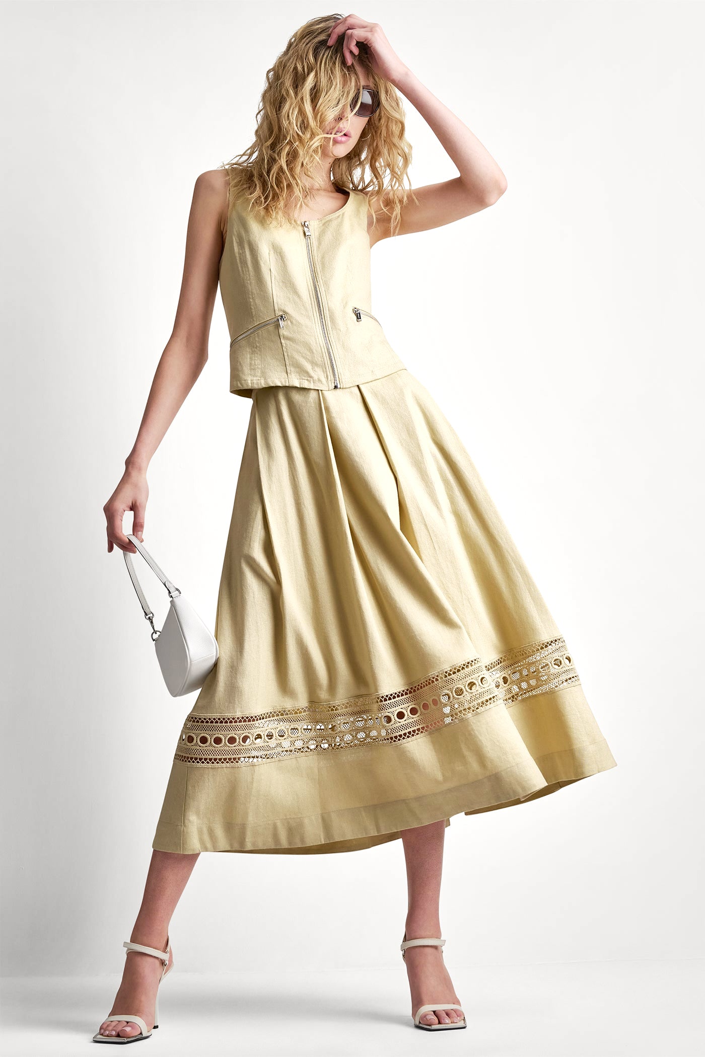 LINEN-BLEND LOOP LACE-TRIMMED PLEATED MIDI SKIRT VIEW 6