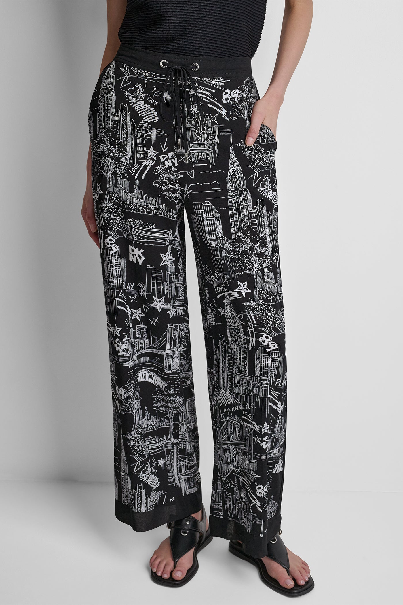 NY Toile Black PRINTED DRAWSTRING WIDE LEG PANT, VIEW 2 | New Arrivals