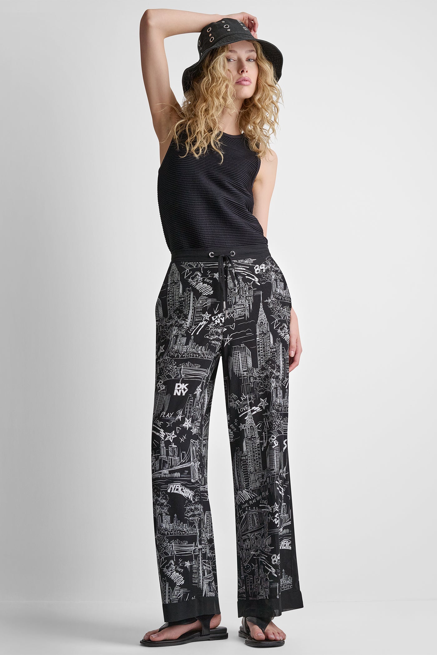 NY Toile Black PRINTED DRAWSTRING WIDE LEG PANT, VIEW 1 | New Arrivals