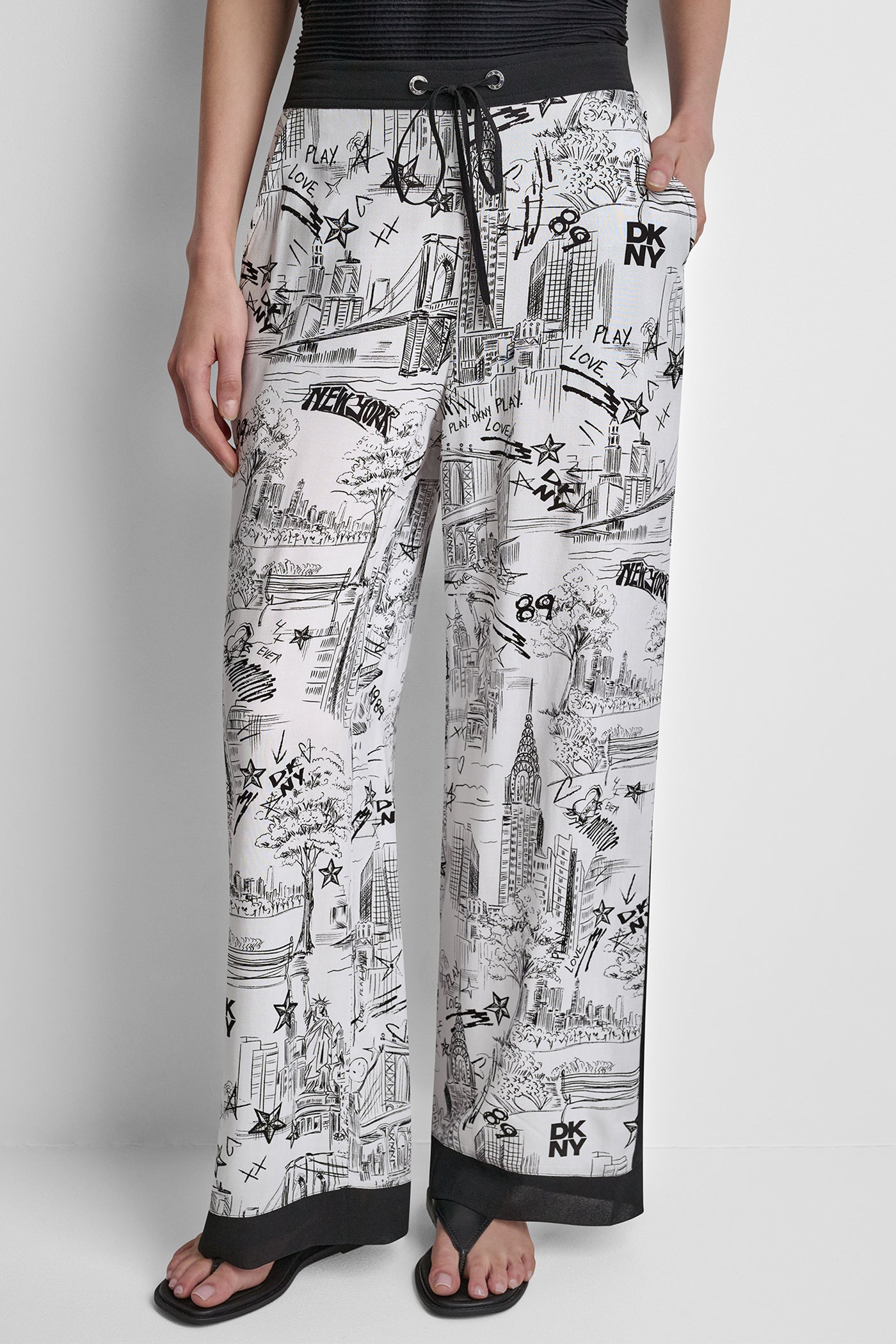 Ny Toile White PRINTED DRAWSTRING WIDE LEG PANT, FRONT VIEW | New Arrivals