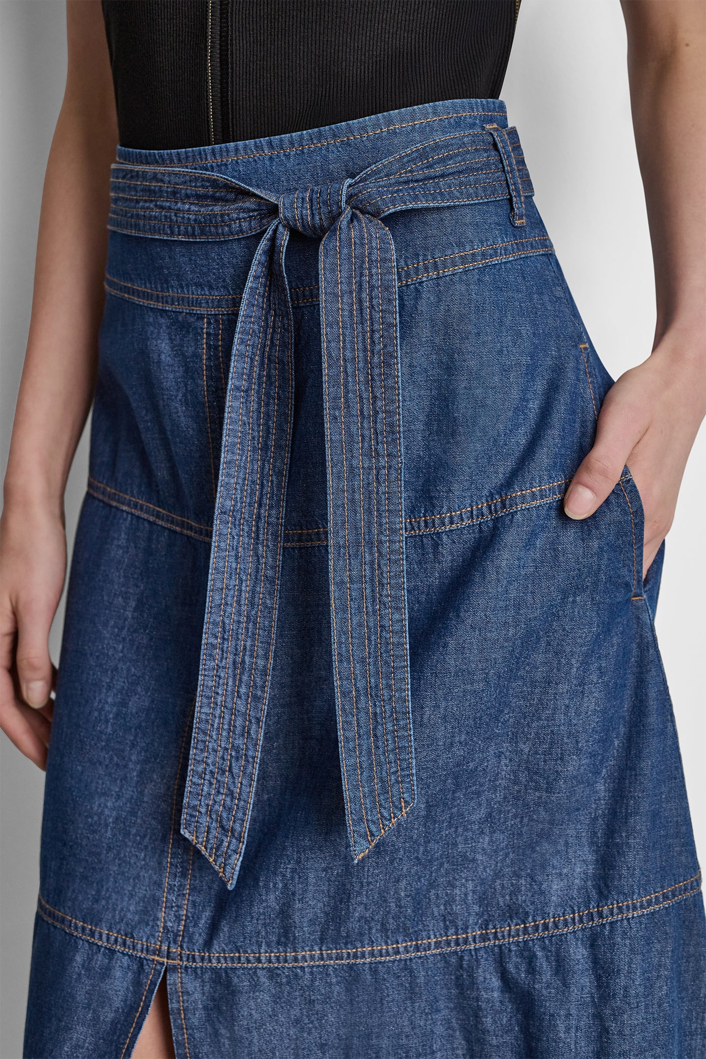 TIE WAIST CONTRAST STITCH SKIRT VIEW 6 | New clothing