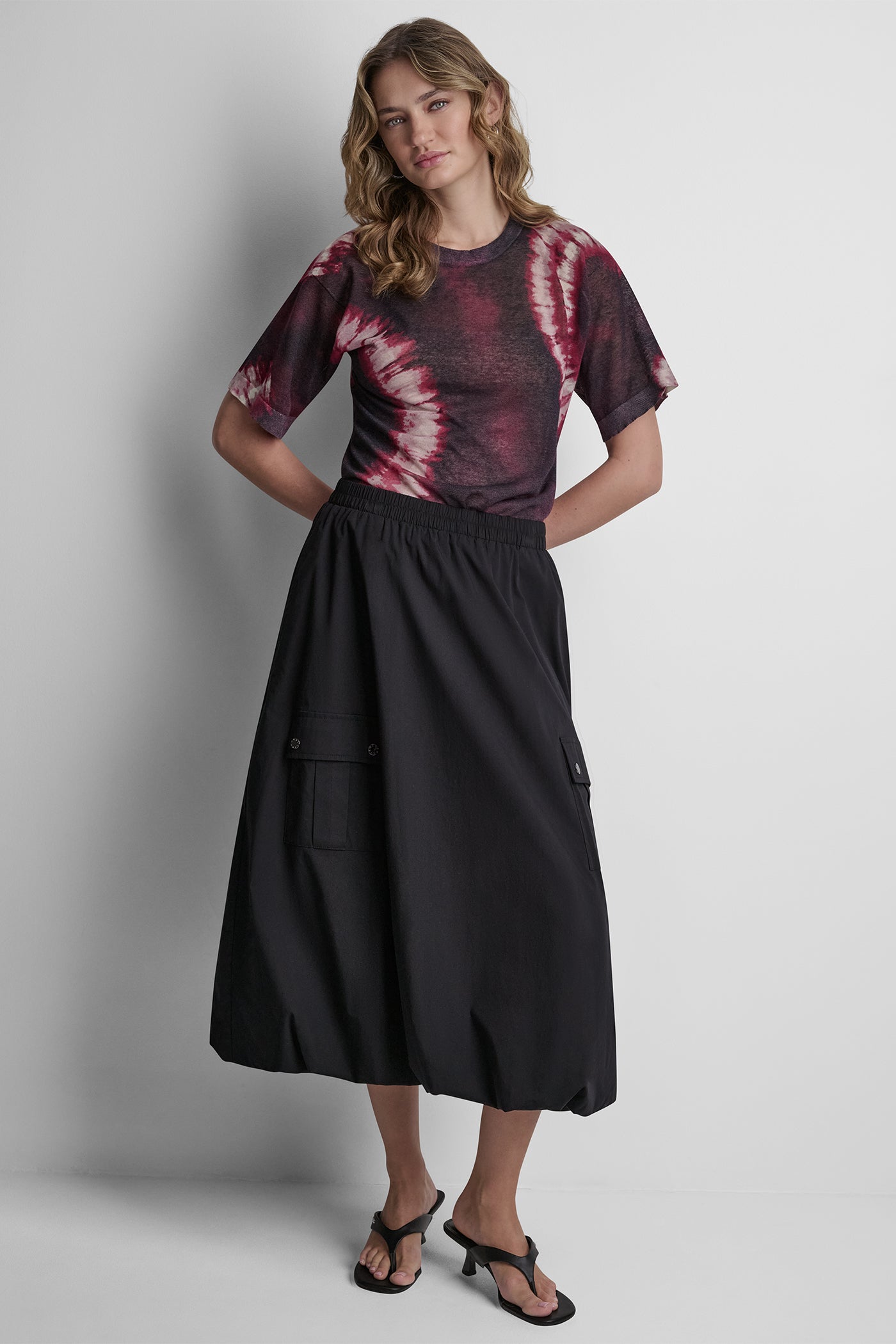 Black CARGO POCKET BUBBLE MIDI SKIRT, BACK VIEW | Skirts