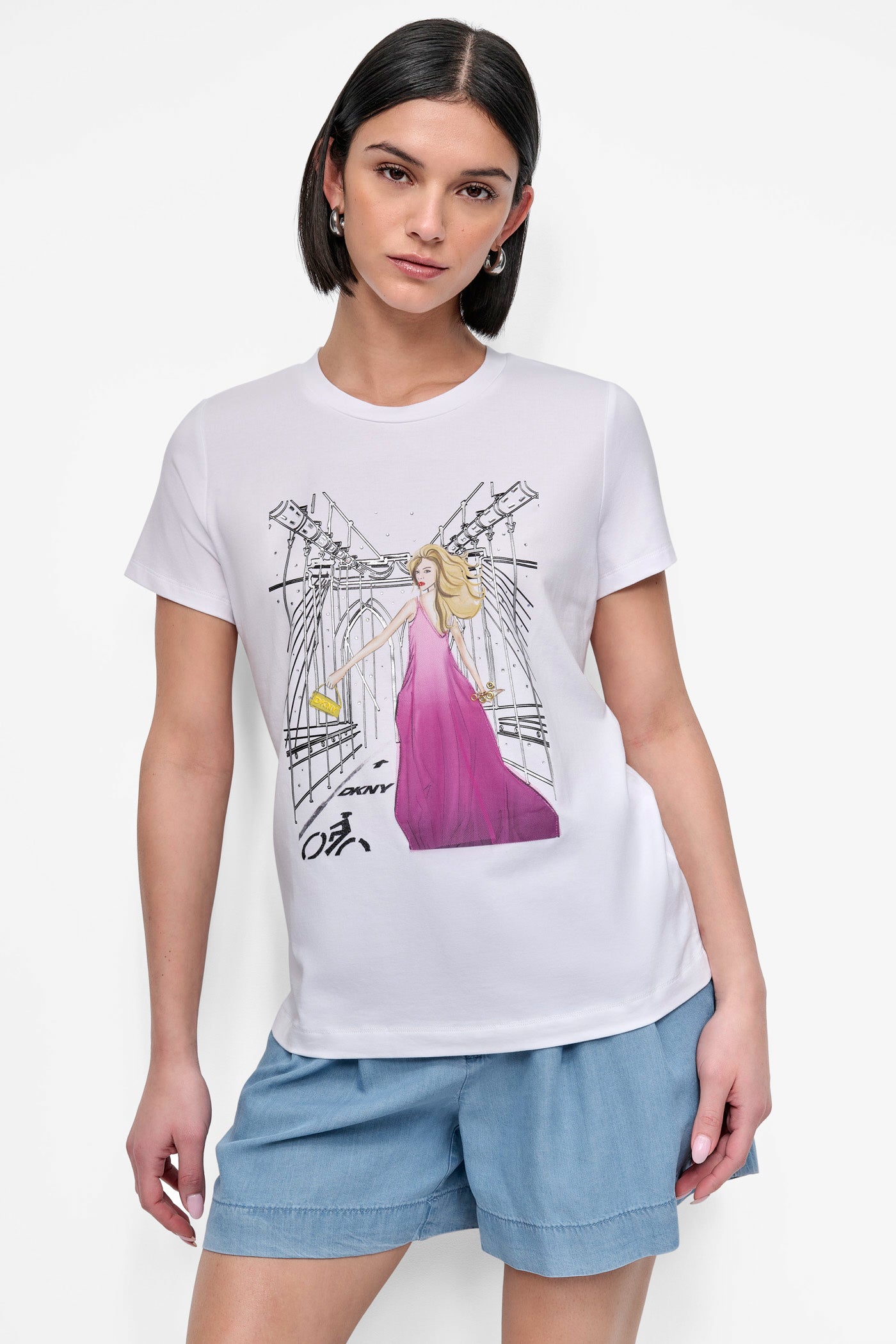 White BROOKLYN BRIDGE EMBELLISHED TEE, FRONT VIEW | Tees & Tanks