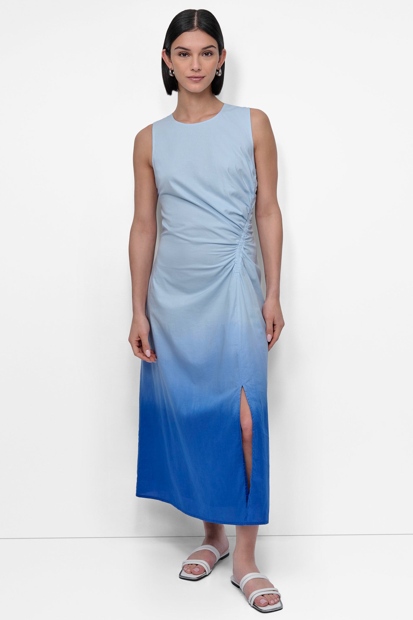 DIP DYE CORNFLOWER SLEEVELESS PRINTED DIP DYE SIDE RUCHE, FRONT VIEW | Summer Essentials