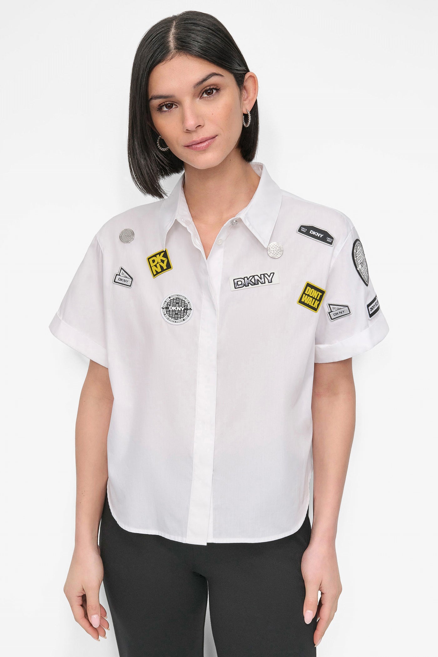 White SHORT SLEEVE EMBELLISHED SHIRT, FRONT VIEW | 9-5 Edit