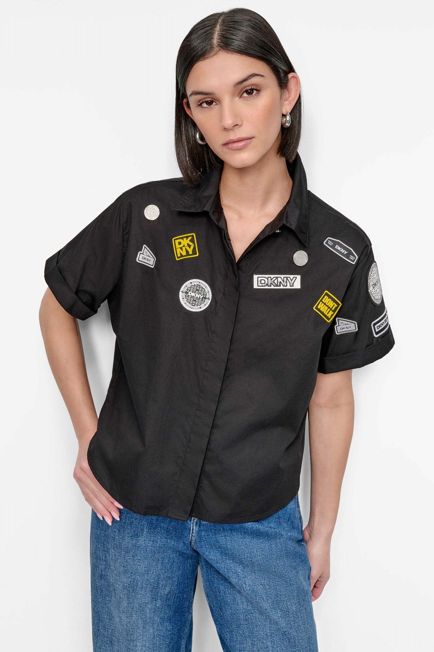 Black SHORT SLEEVE EMBELLISHED SHIRT, FRONT VIEW | 9-5 Edit