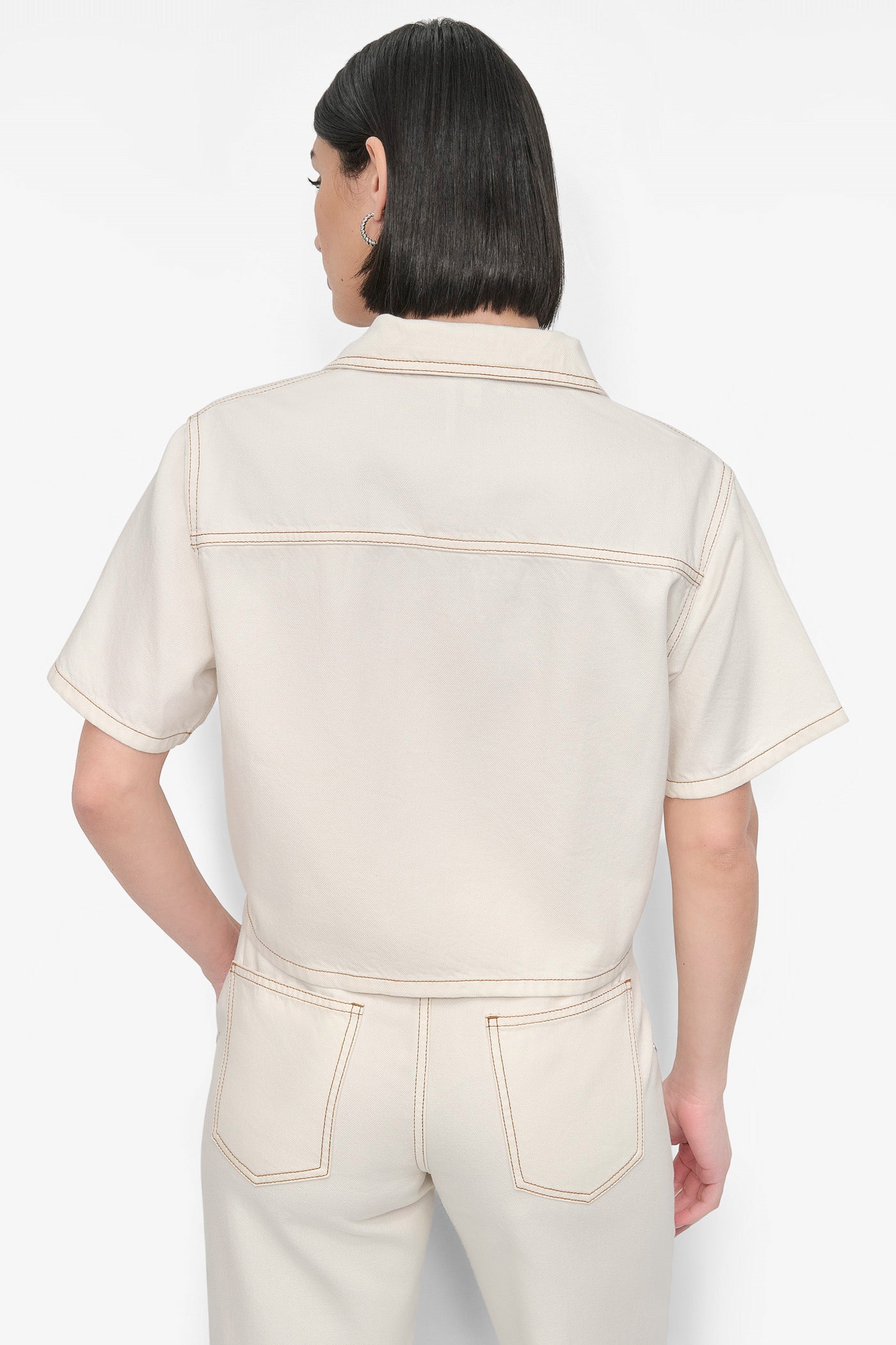 Beige CROPPED ZIP-FRONT DENIM SHIRT, BACK VIEW | WOMEN'S SWEATERS & TOPS