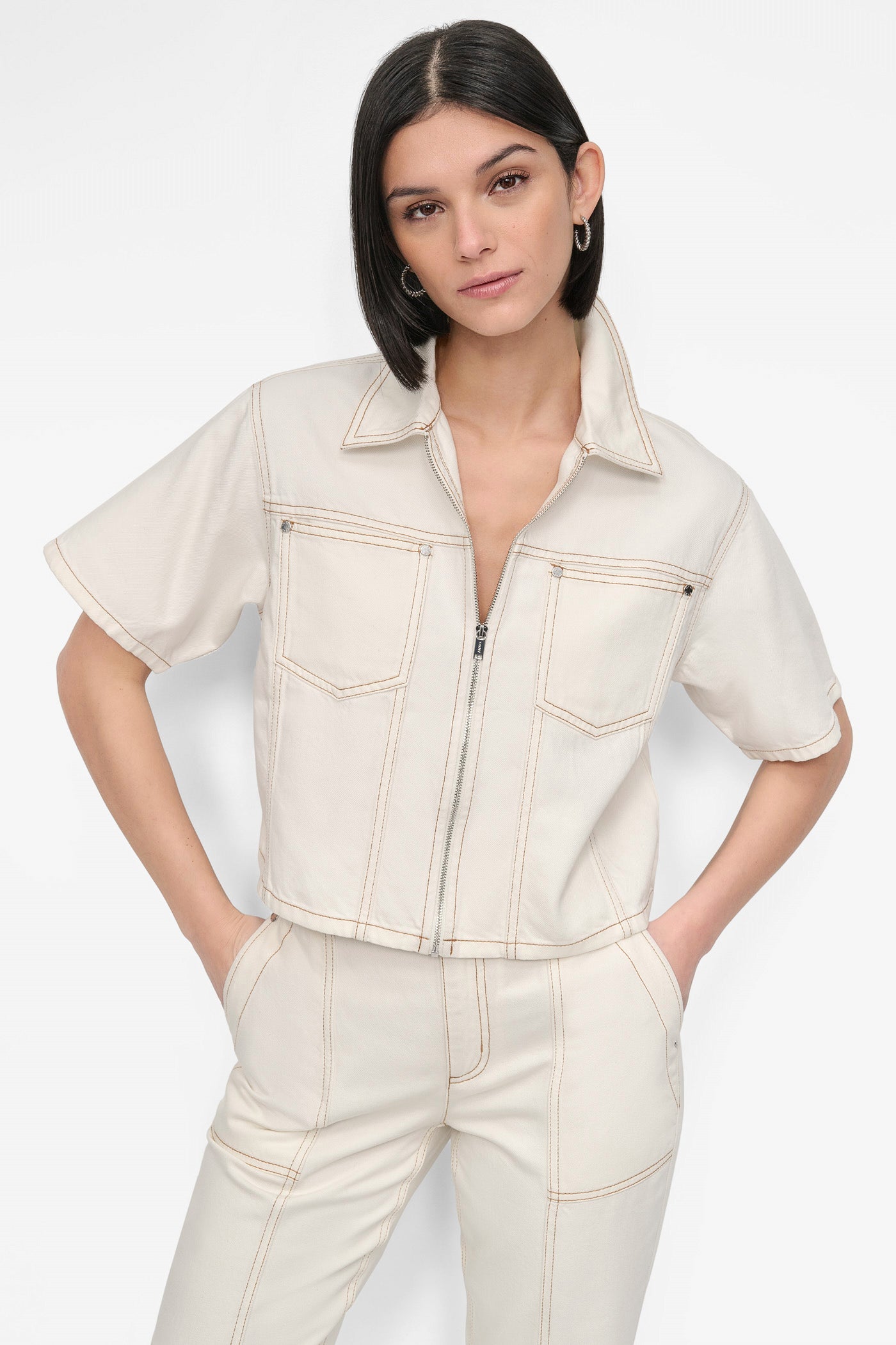 Beige CROPPED ZIP-FRONT DENIM SHIRT, FRONT VIEW | WOMEN'S SWEATERS & TOPS