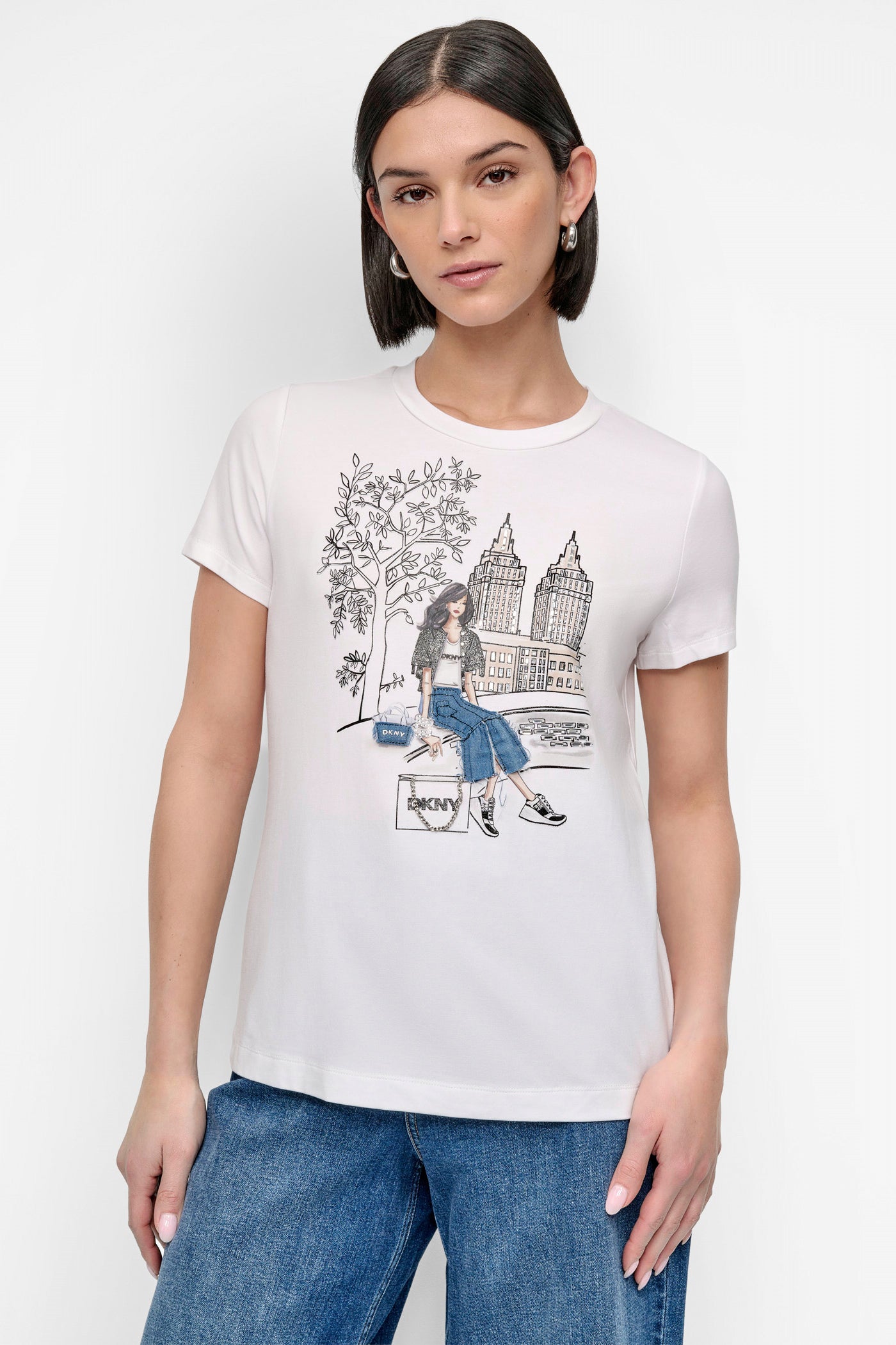 White BOW BRIDGE EMBELLISHED GRAPHIC TEE, FRONT VIEW | Fall Neutrals