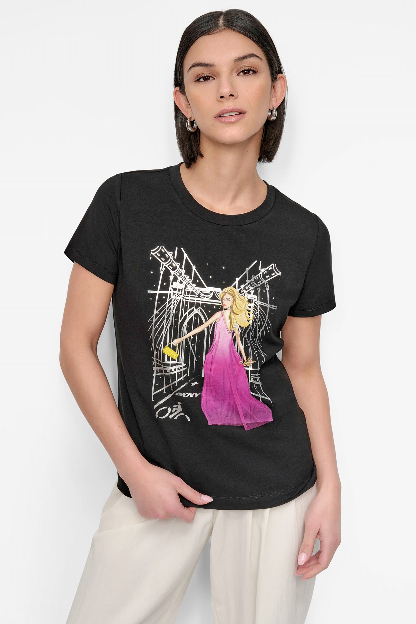 Black BOW BRIDGE EMBELLISHED GRAPHIC TEE, FRONT VIEW | Fall Neutrals