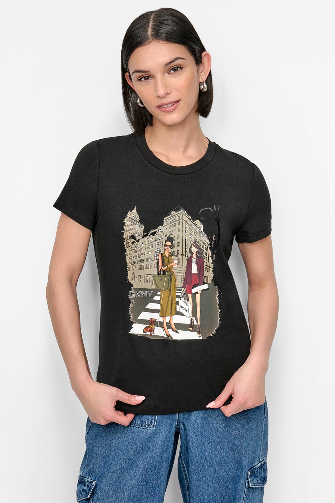 Black FIFTH AVE EMBELLISHED GRAPHIC TEE, FRONT VIEW | Tees & Tanks