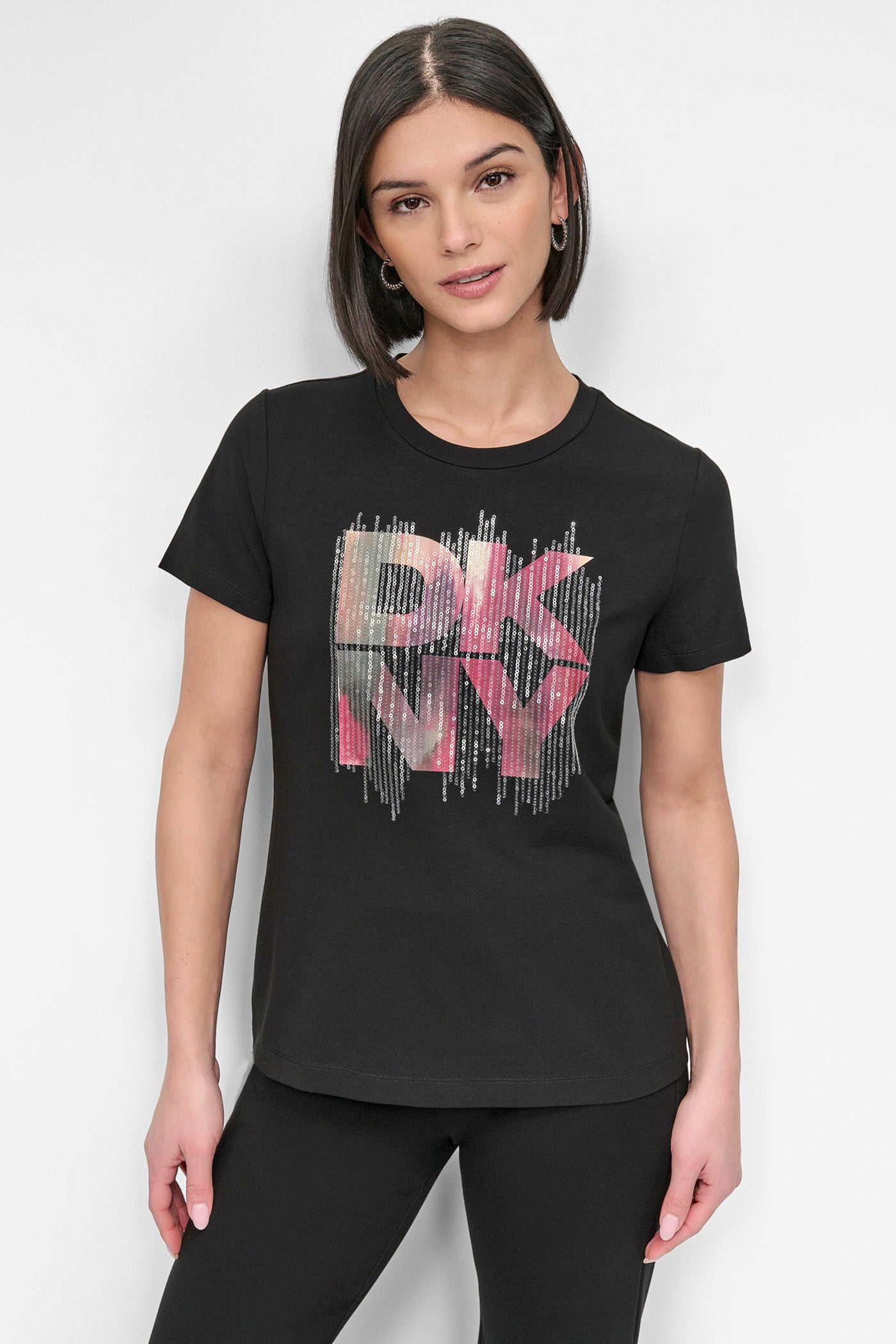Black SHORT SLEEVE PRINTED STACK LOGO TEE, FRONT VIEW | Tees & Tanks