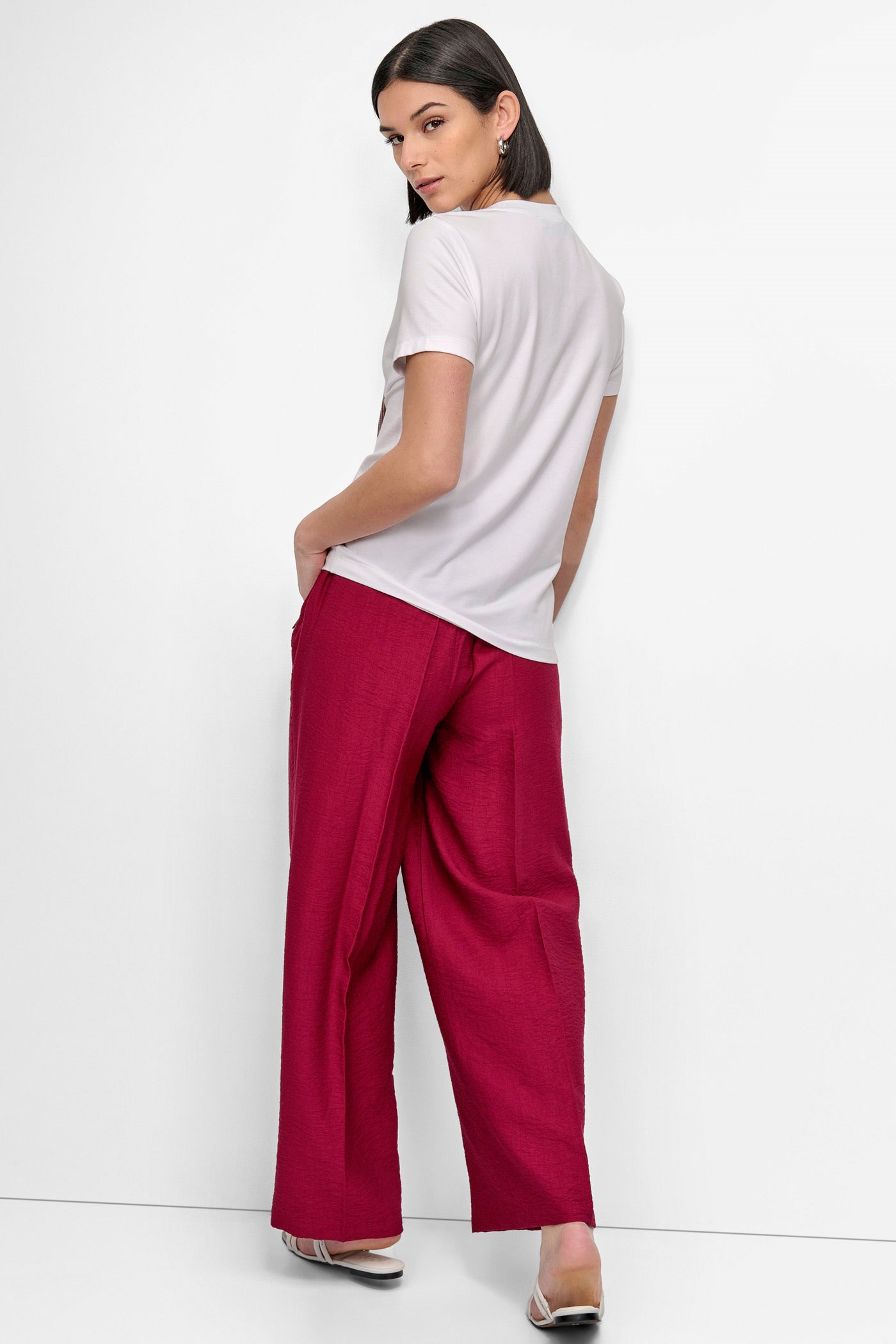 White SHORT SLEEVE PRINTED STACK LOGO TEE, BACK VIEW | Tees & Tanks