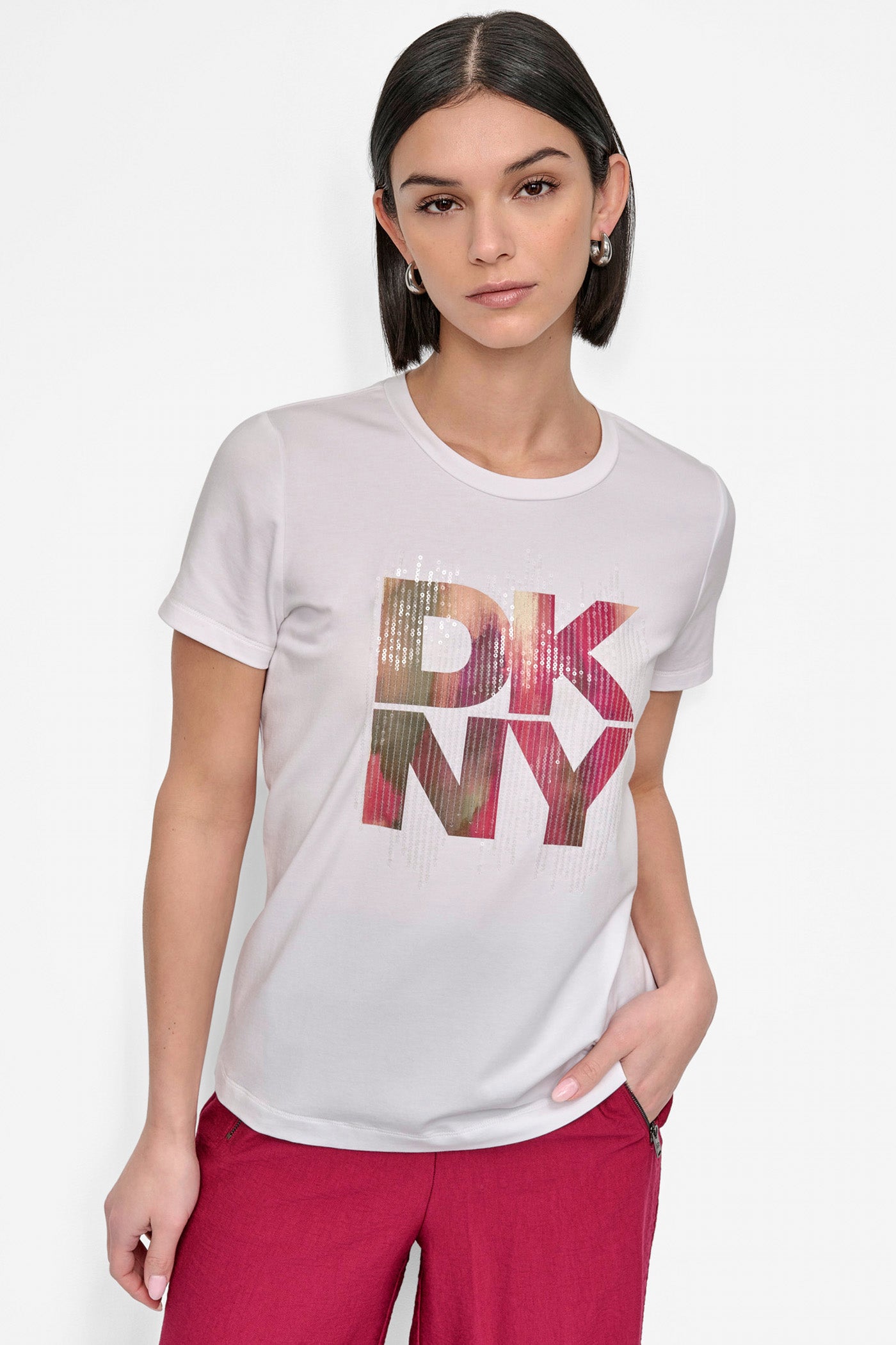 White SHORT SLEEVE PRINTED STACK LOGO TEE, FRONT VIEW | Tees & Tanks