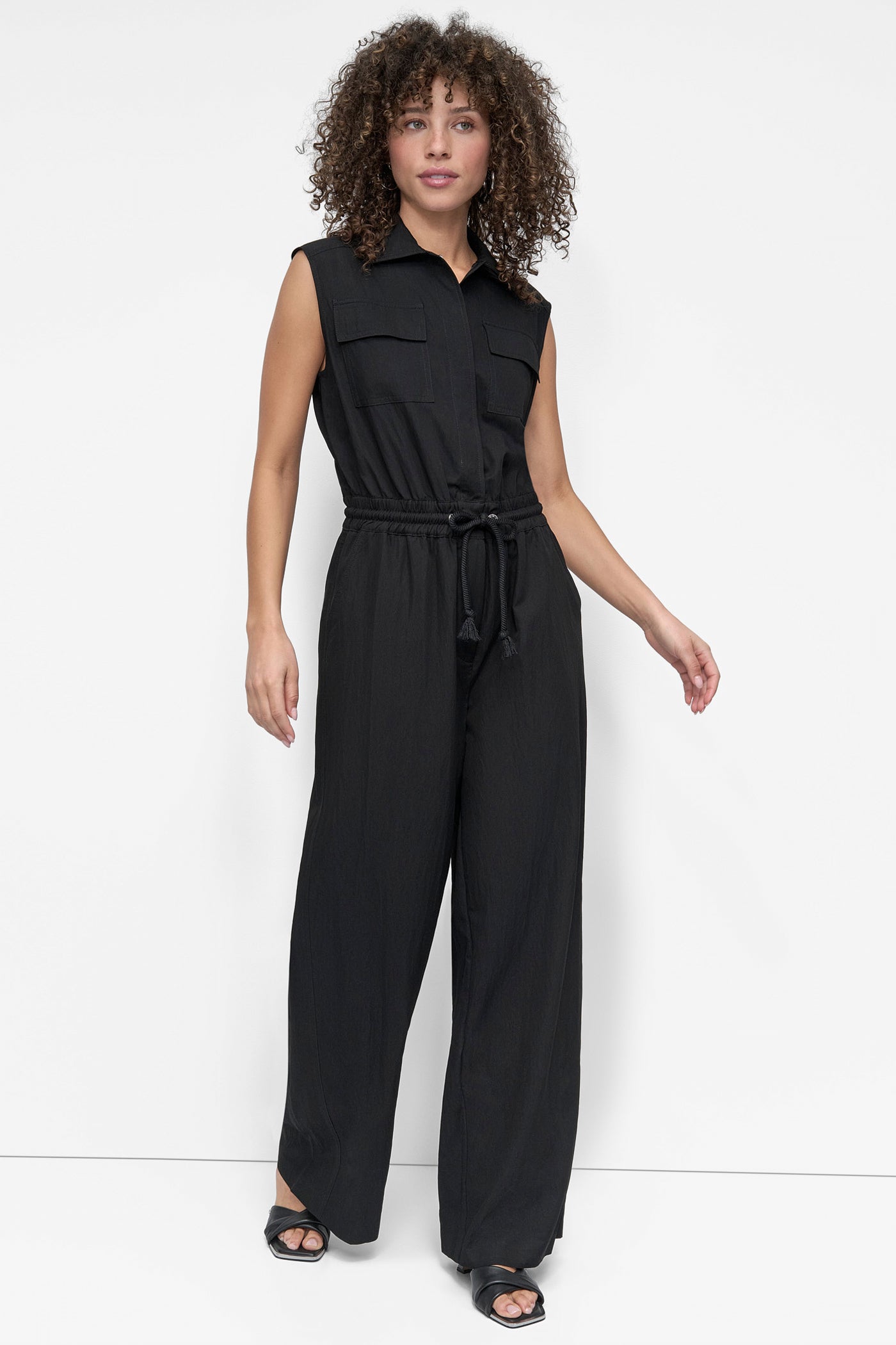 Black SLEEVELESS UTILITY JUMPSUIT, FRONT VIEW | 9-5 Edit