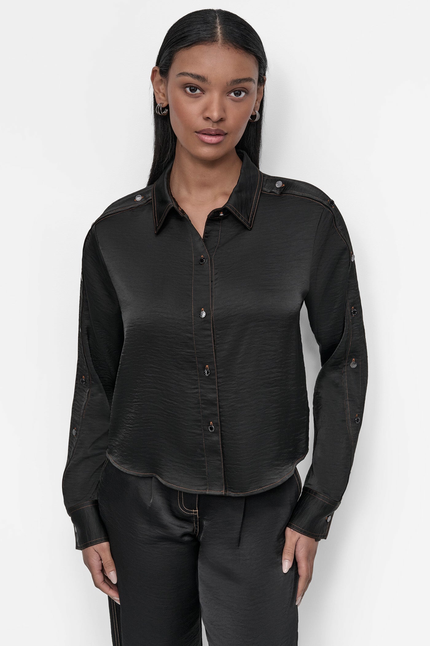 Black BUTTON DETAILED SHIRT, FRONT VIEW | 9-5 Edit