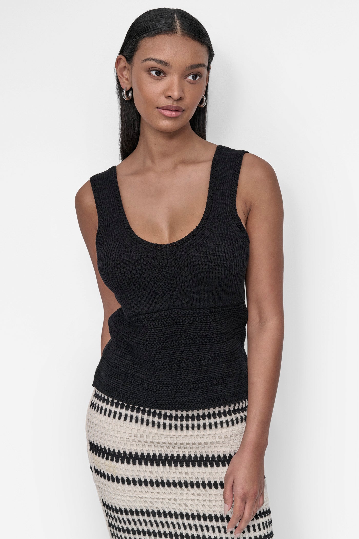 Black MIXED KNIT SWEATER TANK, FRONT VIEW | 9-5 Edit