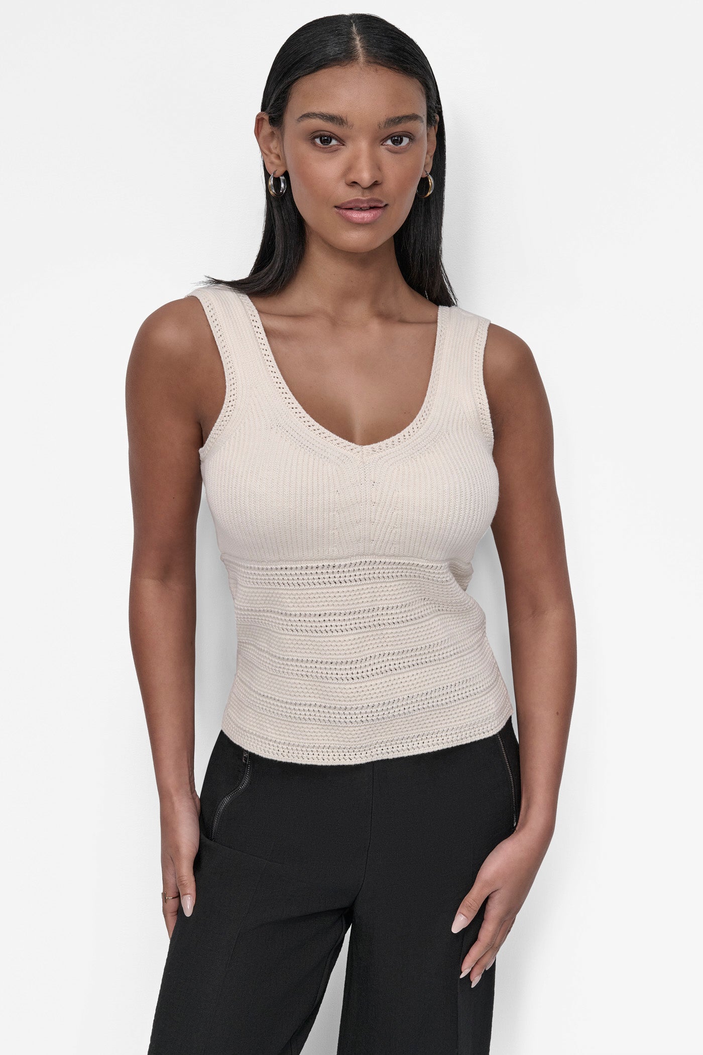 COCONUT MIXED KNIT SWEATER TANK, FRONT VIEW | 9-5 Edit