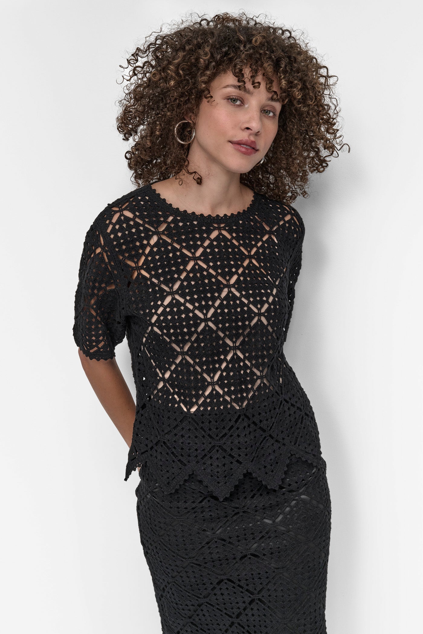 Black SCALLOPED CROCHET SWEATER, FRONT VIEW | 9-5 Edit