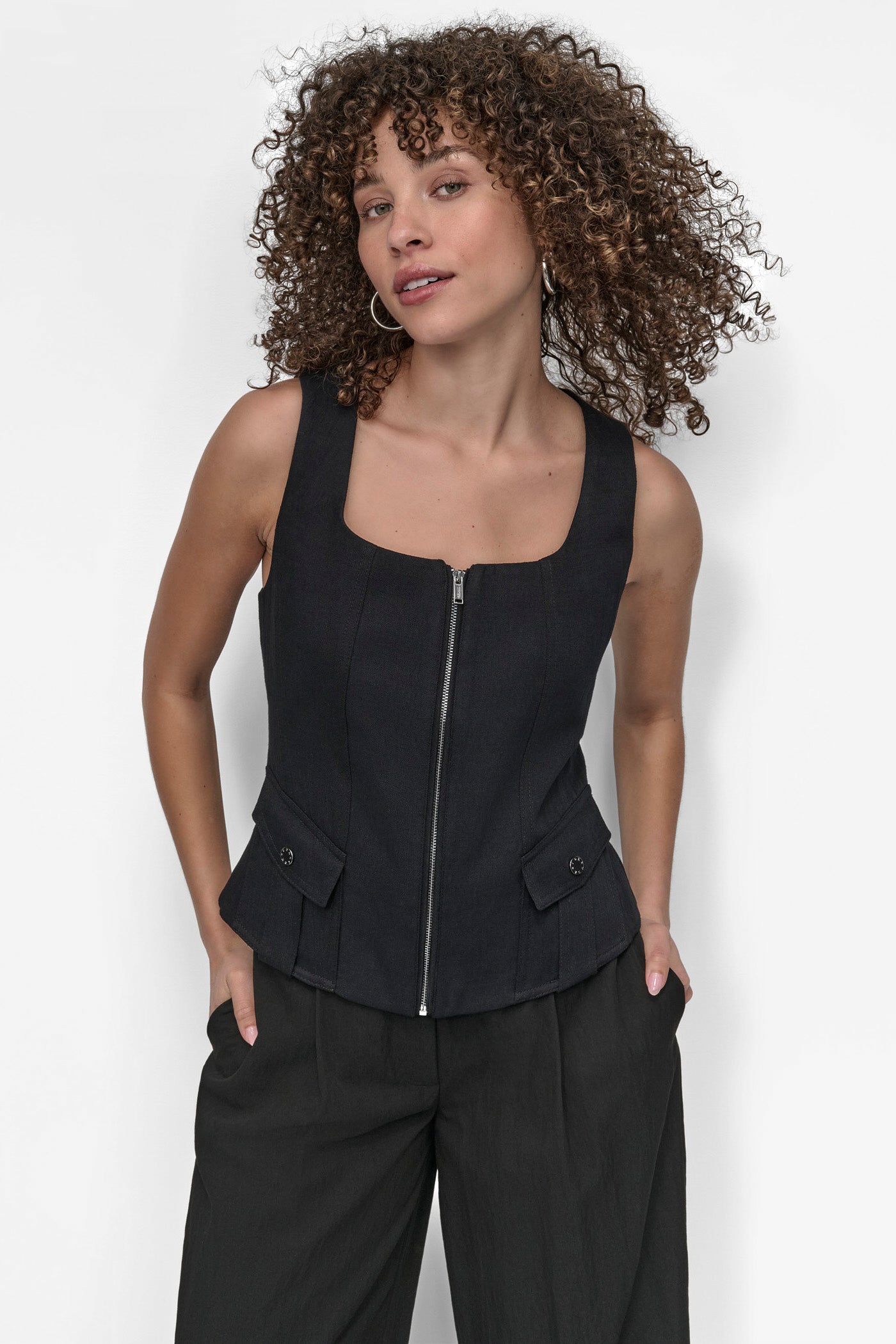 Black CORSET STYLE VEST, FRONT VIEW | WOMEN'S SWEATERS & TOPS