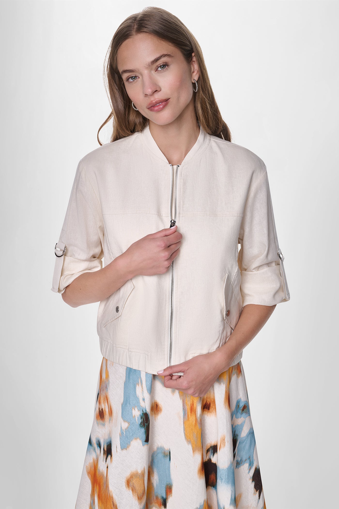 LINEN-BLEND ROLL-TAB SLEEVE BOMBER JACKET VIEW 7 | WOMENS COATS & JACKETS