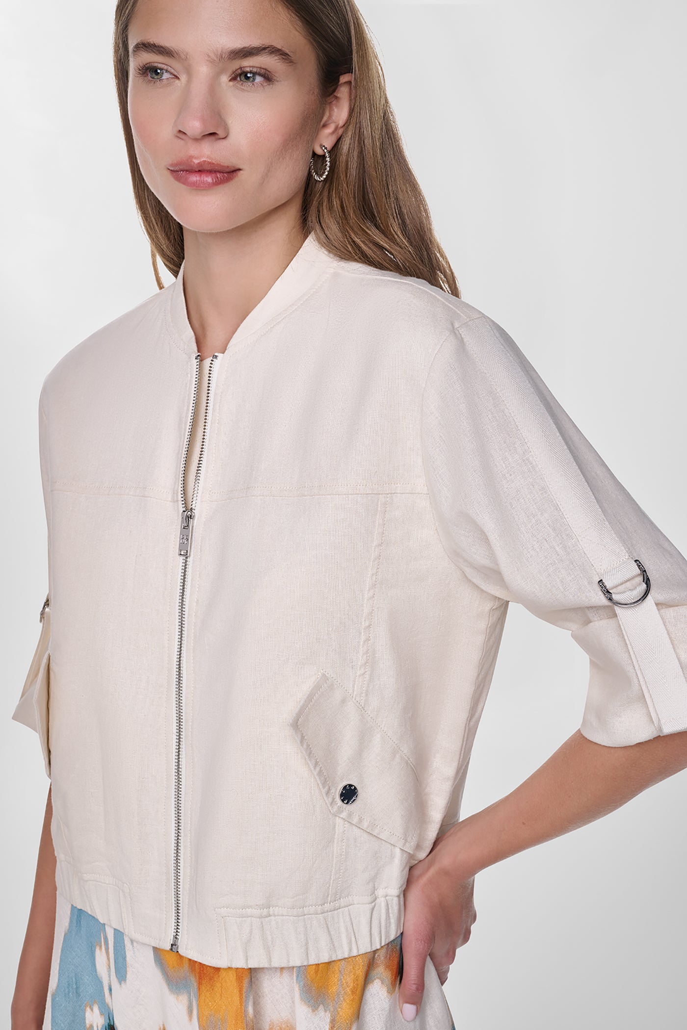 Coconut LINEN-BLEND ROLL-TAB SLEEVE BOMBER JACKET, VIEW 1 | WOMENS COATS & JACKETS