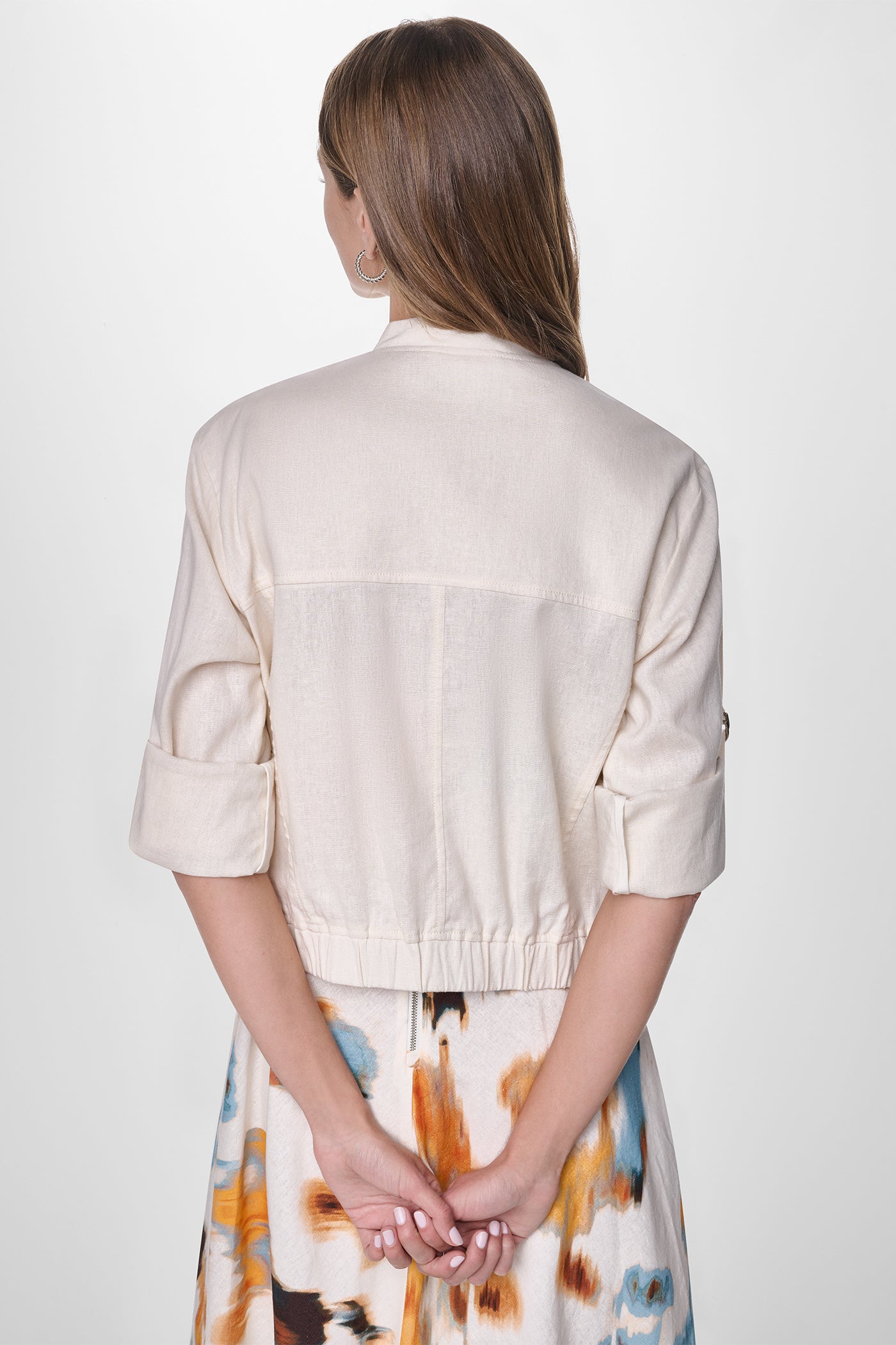 LINEN-BLEND ROLL-TAB SLEEVE BOMBER JACKET VIEW 3 | WOMENS COATS & JACKETS