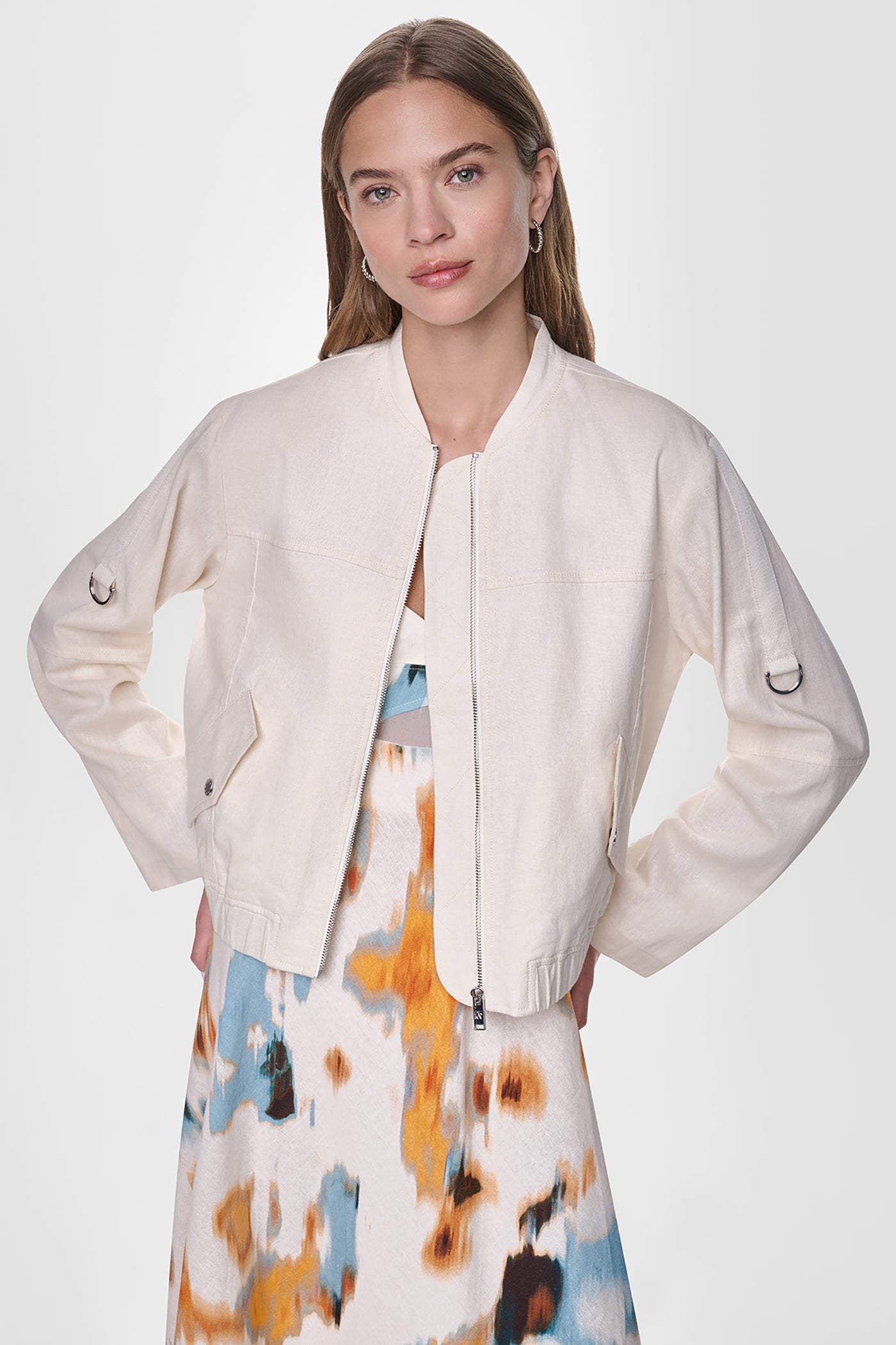 Coconut LINEN-BLEND ROLL-TAB SLEEVE BOMBER JACKET, VIEW 2 | WOMENS COATS & JACKETS
