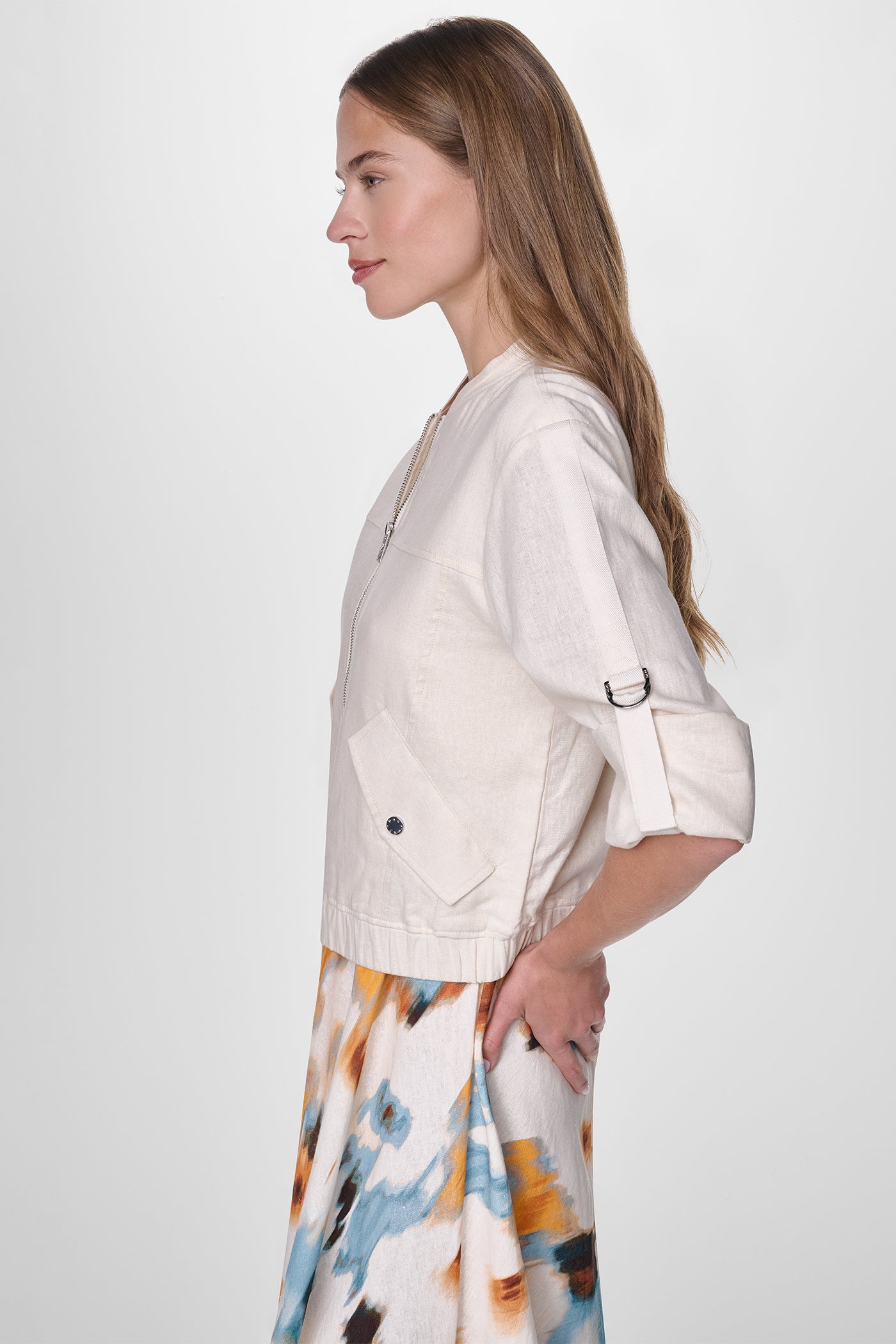 LINEN-BLEND ROLL-TAB SLEEVE BOMBER JACKET VIEW 5 | WOMENS COATS & JACKETS