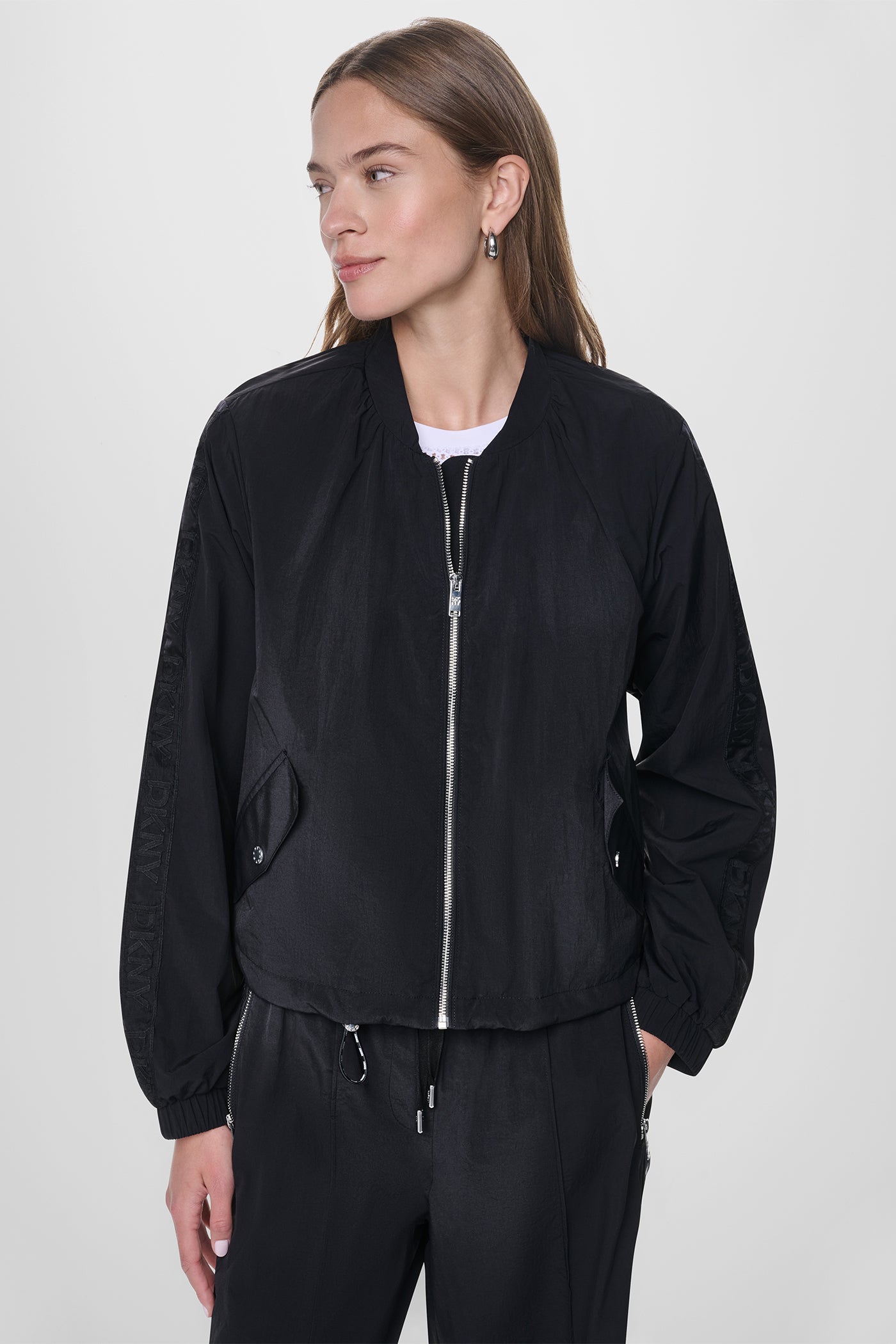 Black LOGO TRIM TECH JACKET, VIEW 2 | WOMENS COATS & JACKETS