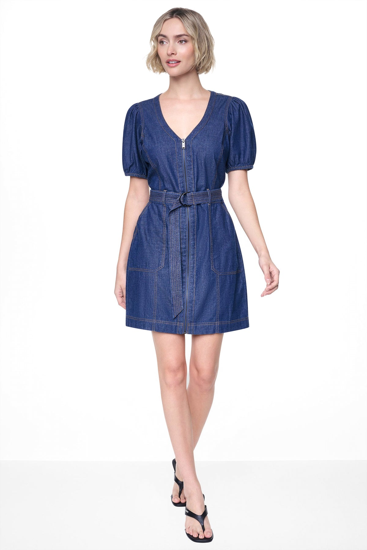 PUFF SLEEVE BELTED DENIM DRESS VIEW 2