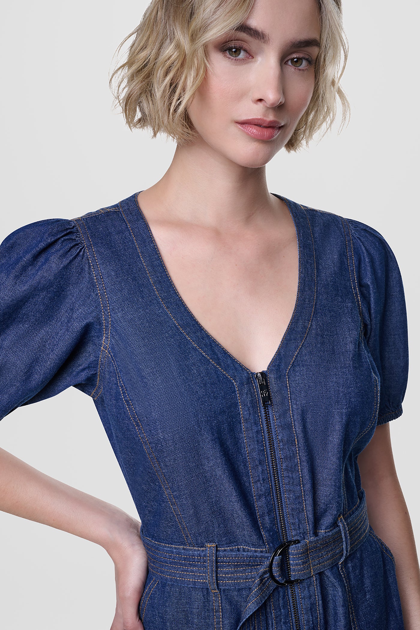 PUFF SLEEVE BELTED DENIM DRESS VIEW 4 | Denim Destination