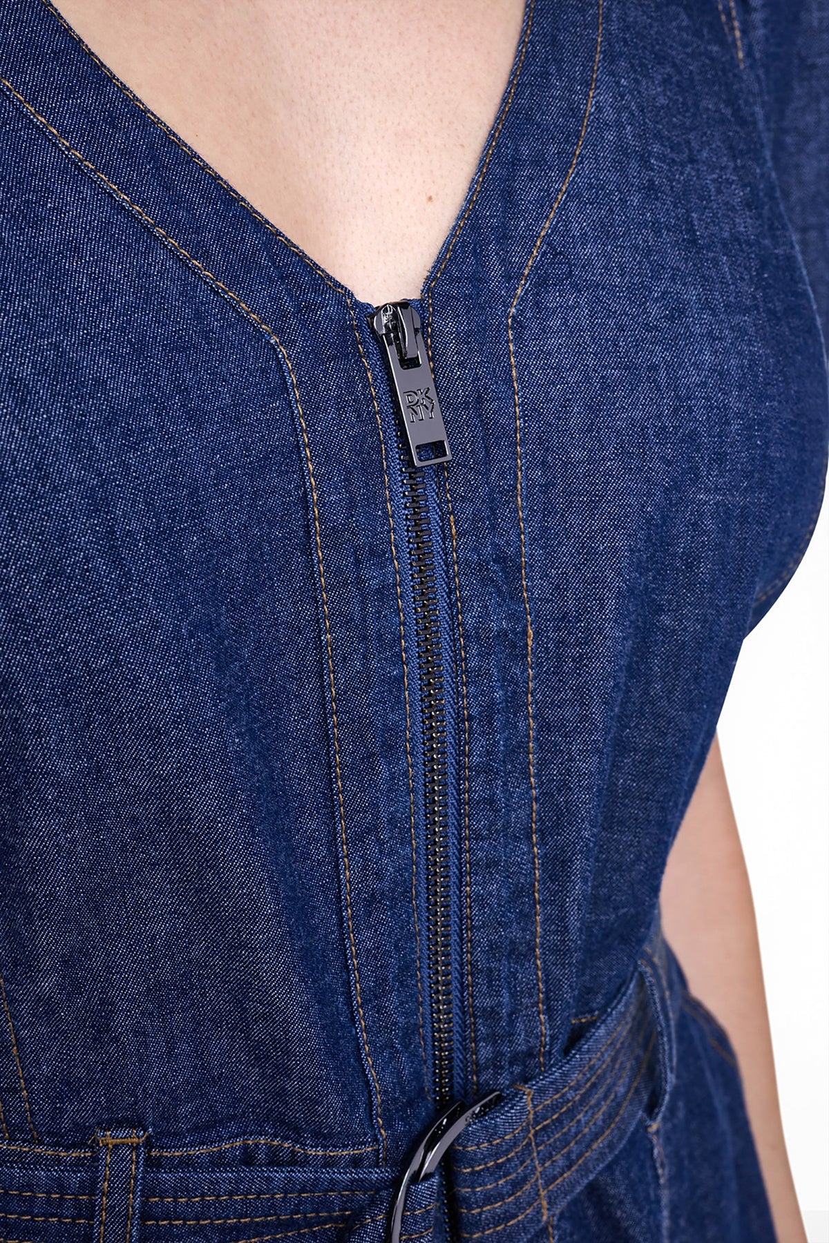 PUFF SLEEVE BELTED DENIM DRESS VIEW 2