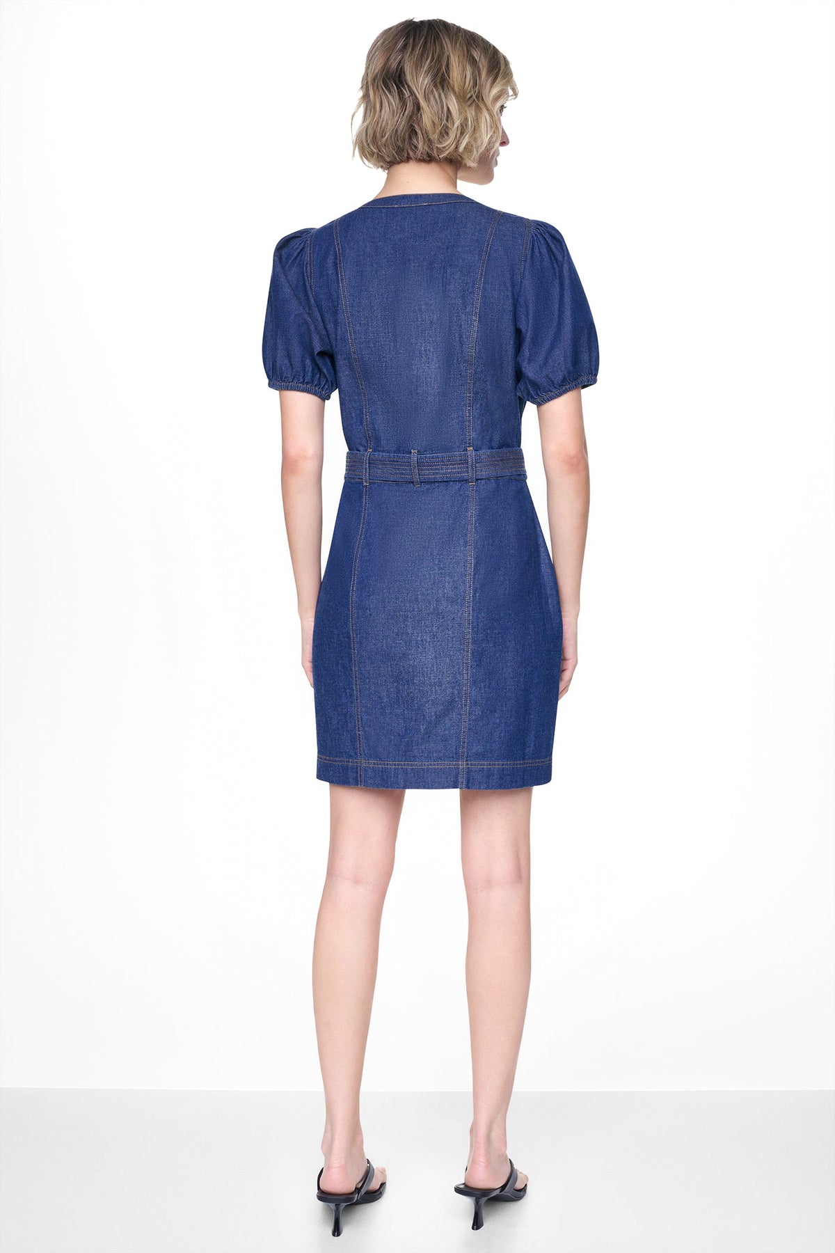 PUFF SLEEVE BELTED DENIM DRESS VIEW 2