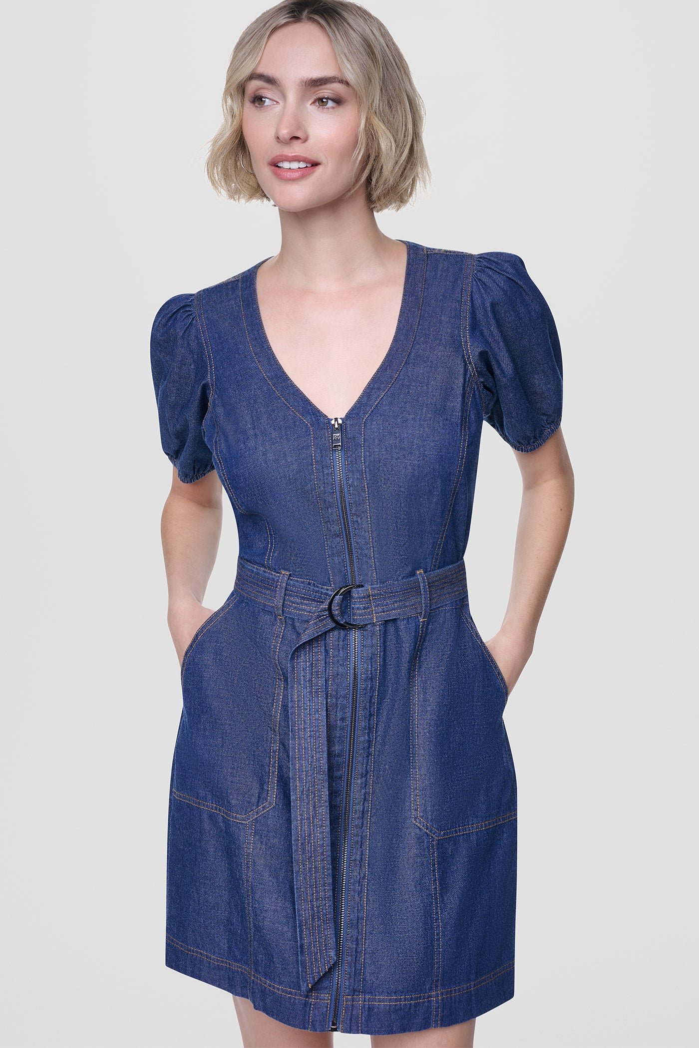 Crosby Wash PUFF SLEEVE BELTED DENIM DRESS, VIEW 2 | Denim Destination