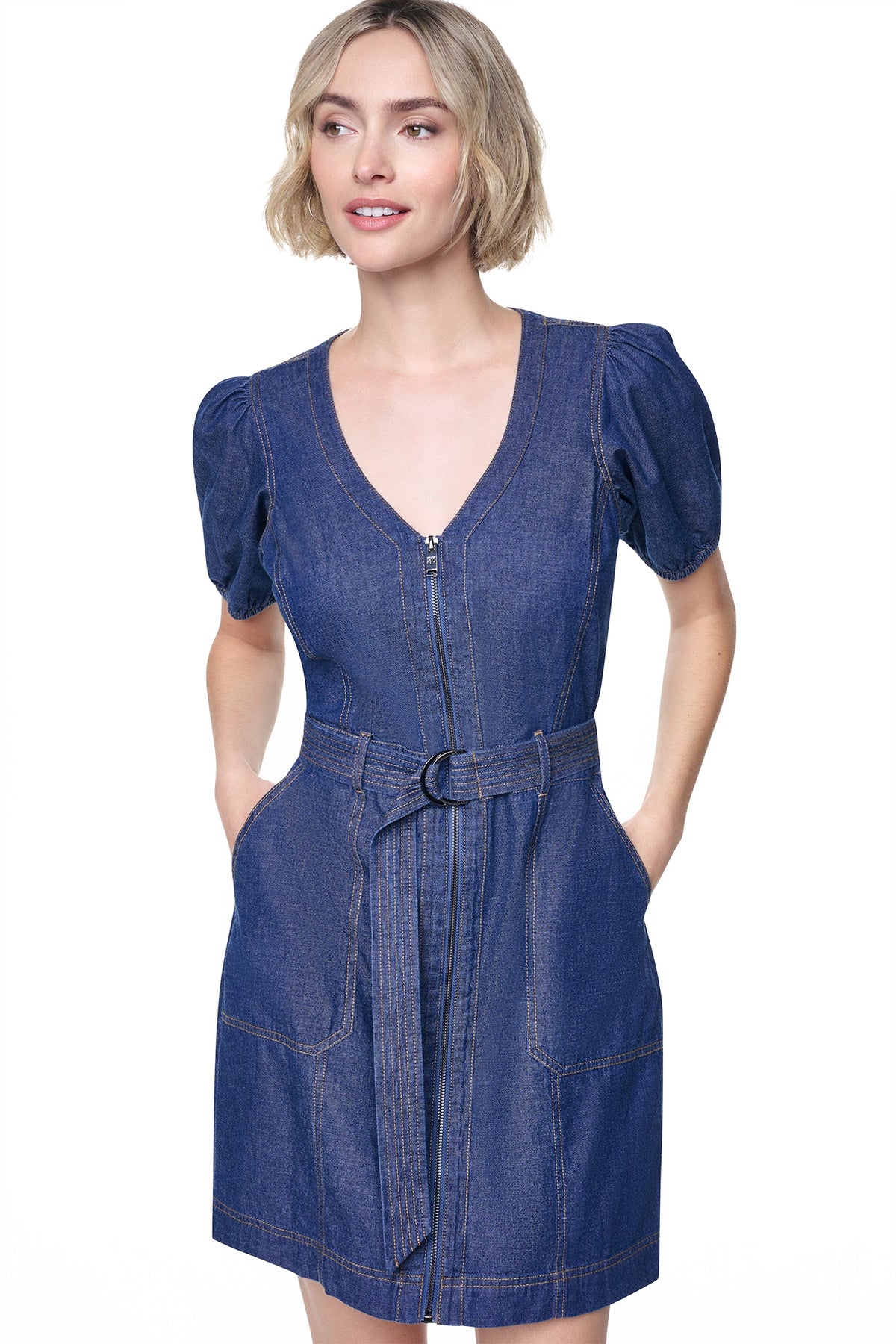 PUFF SLEEVE BELTED DENIM DRESS View 1 | Under $75