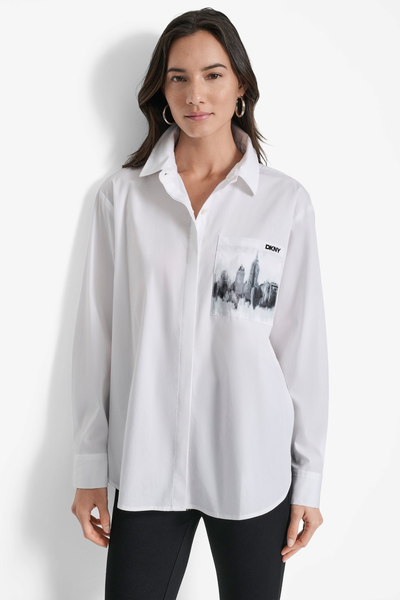 White CITY SKYLINE POCKET SHIRT, FRONT VIEW | WOMEN'S SWEATERS & TOPS