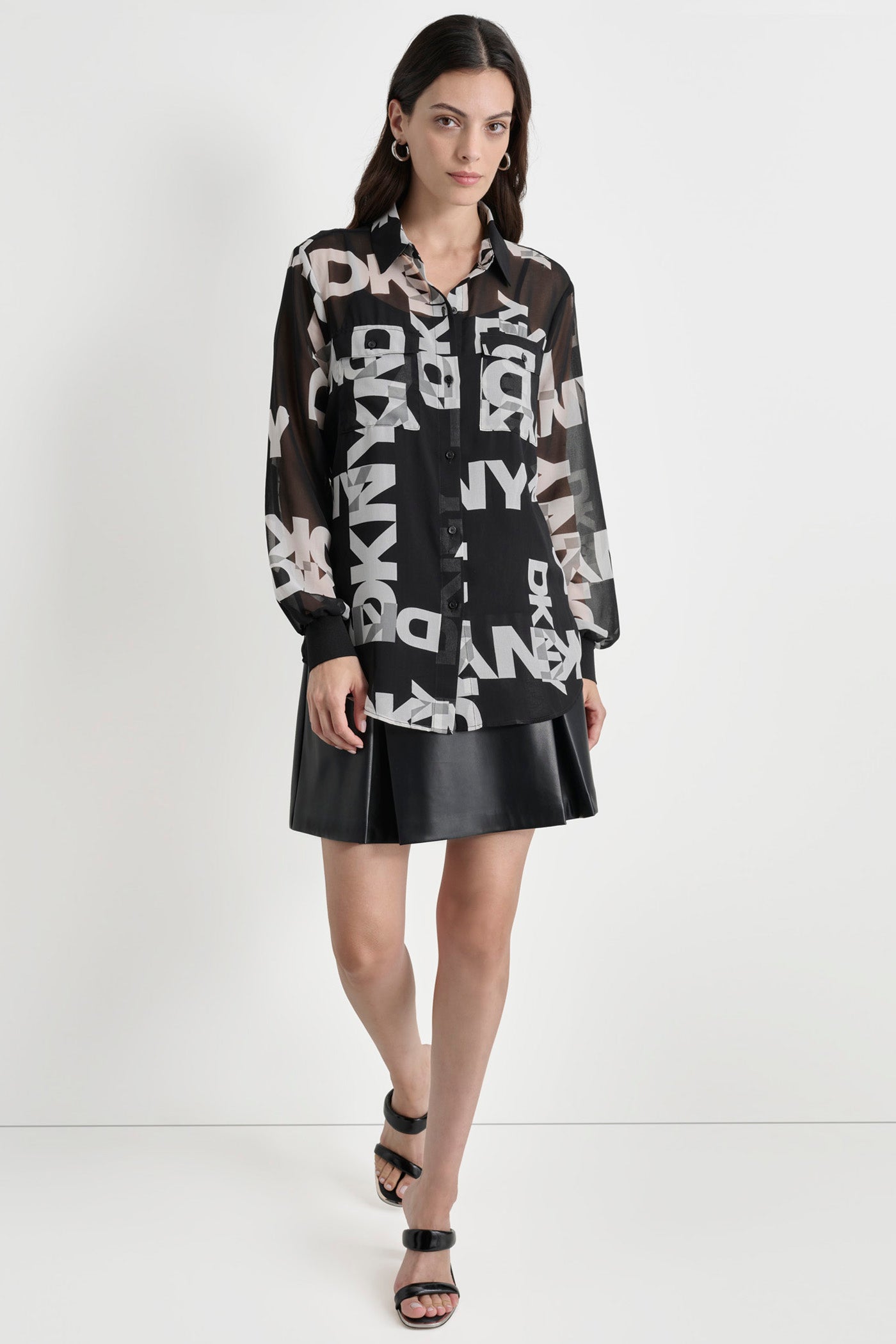 BLACK/IVORY LOGO PRINT SHIRT, FRONT VIEW | WOMEN'S SWEATERS & TOPS