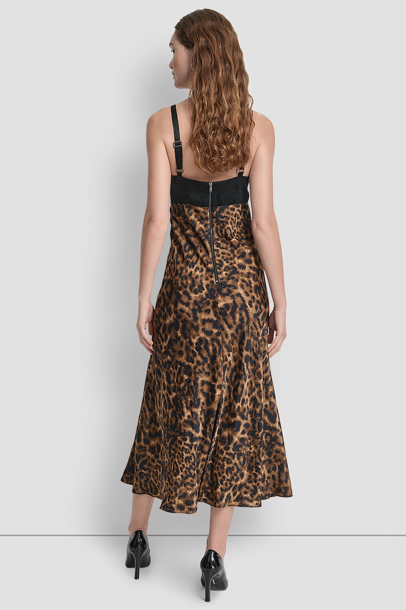 Black SLEEVELESS PRINTED SATIN DRESS, BACK VIEW | Dresses & Jumpsuits