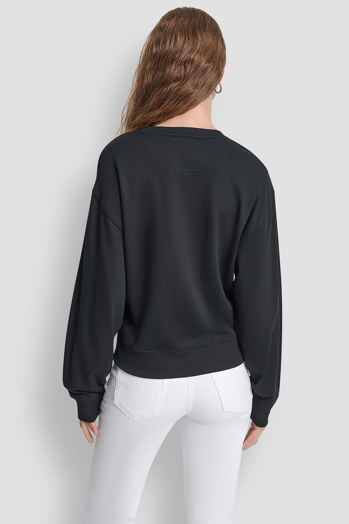 Black LONG SLEEVE DKNY BISTRO CONVERSATIONAL FRENCH TERRY SHIRT, BACK VIEW | WOMEN'S SWEATERS & TOPS