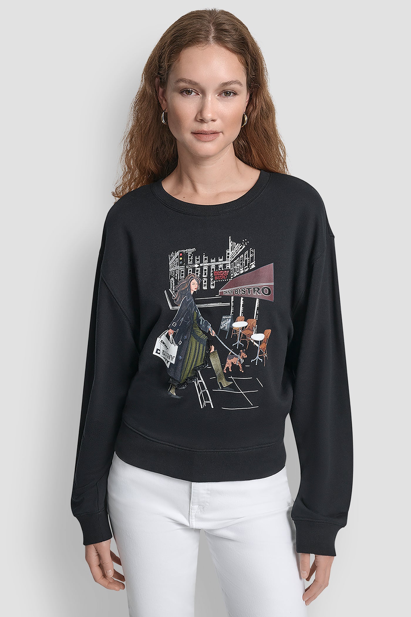 Black LONG SLEEVE DKNY BISTRO CONVERSATIONAL FRENCH TERRY SHIRT, FRONT VIEW | WOMEN'S SWEATERS & TOPS