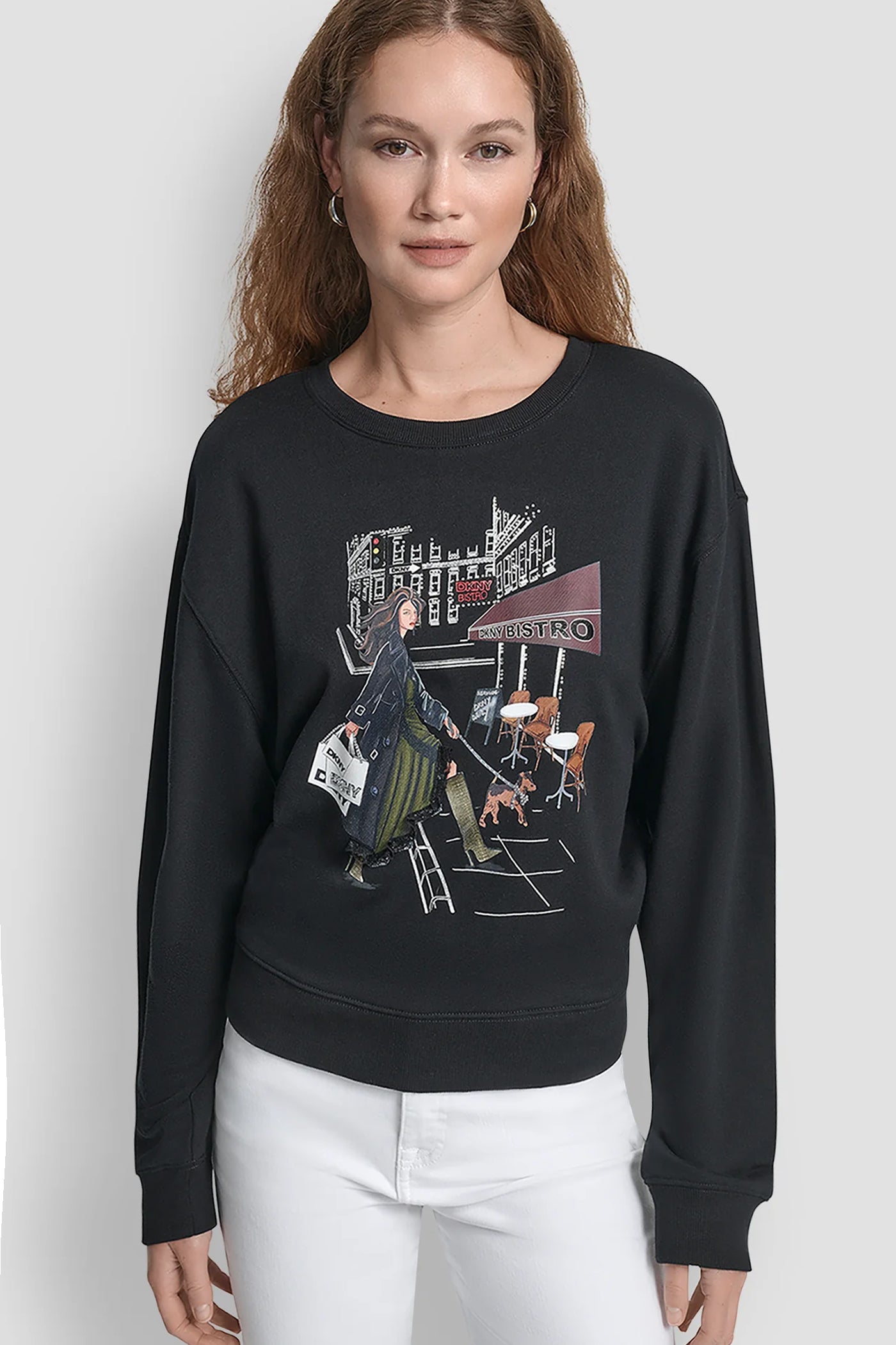 LONG SLEEVE DKNY BISTRO CONVERSATIONAL FRENCH TERRY SHIRT VIEW 1 | Clothing