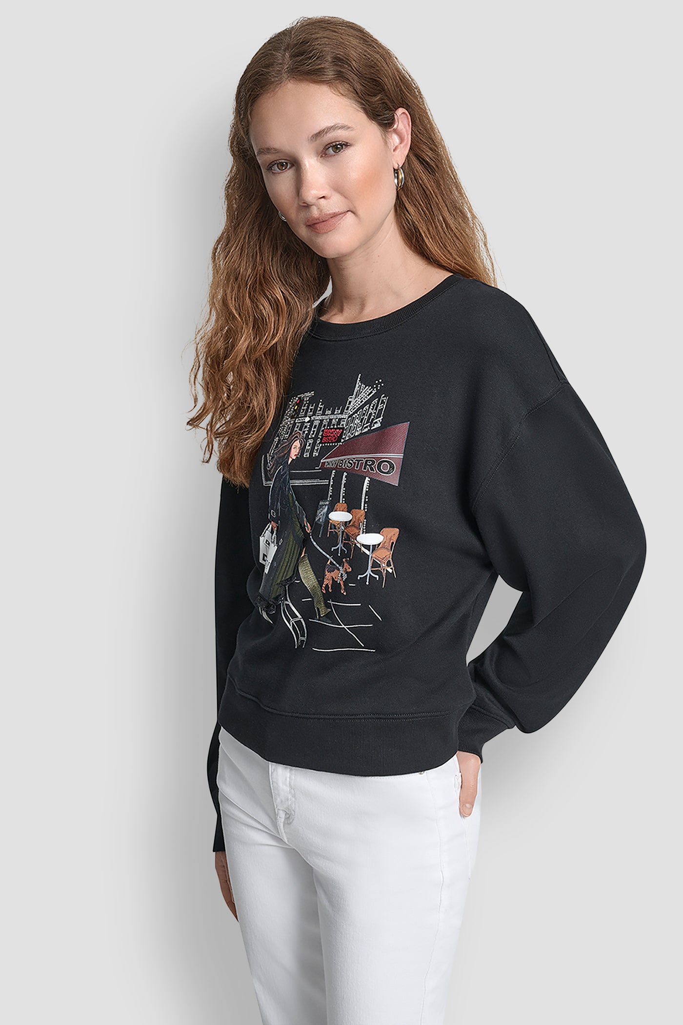 LONG SLEEVE DKNY BISTRO CONVERSATIONAL FRENCH TERRY SHIRT VIEW 3 | WOMEN'S SWEATERS & TOPS