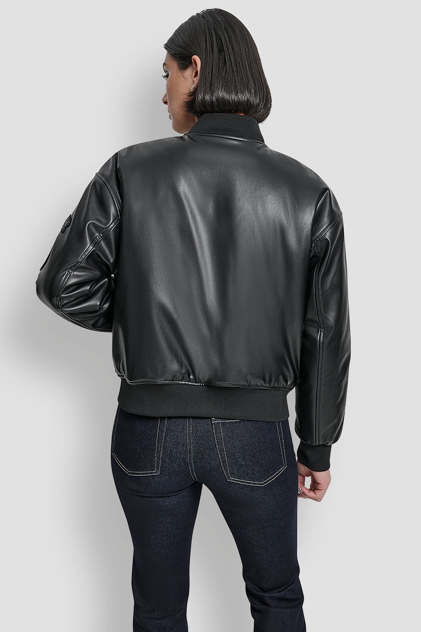 Black LONG SLEEVE PINS AND PATCHES BOMBER JACKET, BACK VIEW | WOMENS COATS & JACKETS