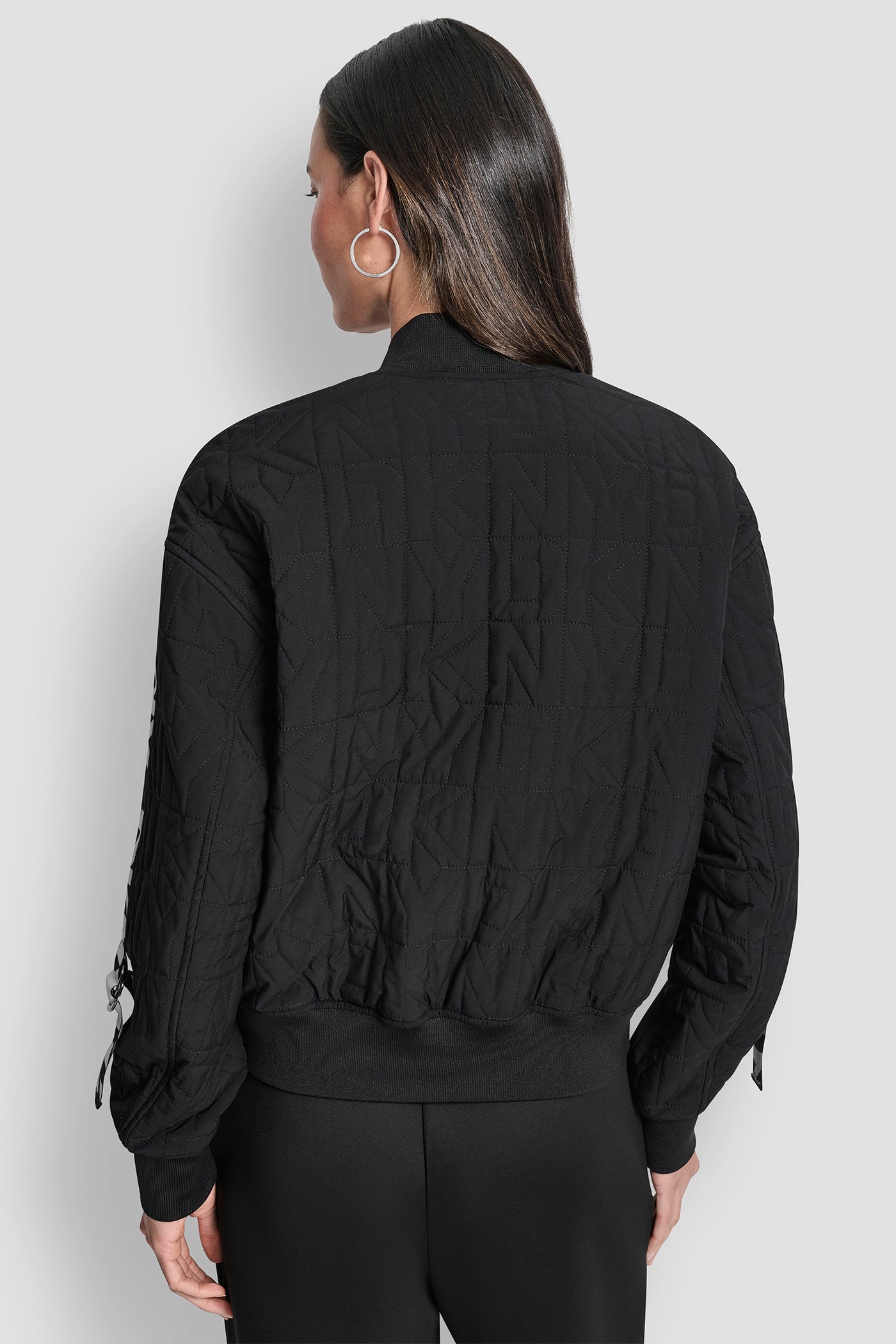 Black QUILTED STACK LOGO BOMBER JACKET, BACK VIEW | Clothing